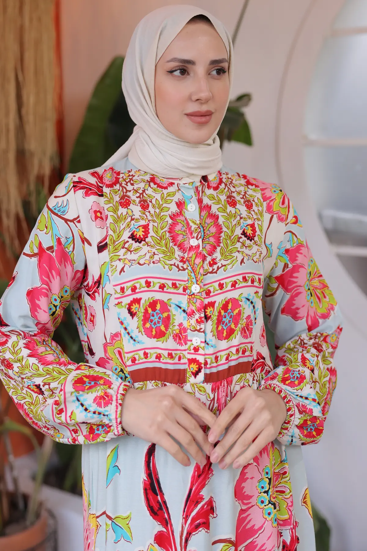 12002 Çiçek Desenli Viskon Elbise Nar Çiçeği-detail