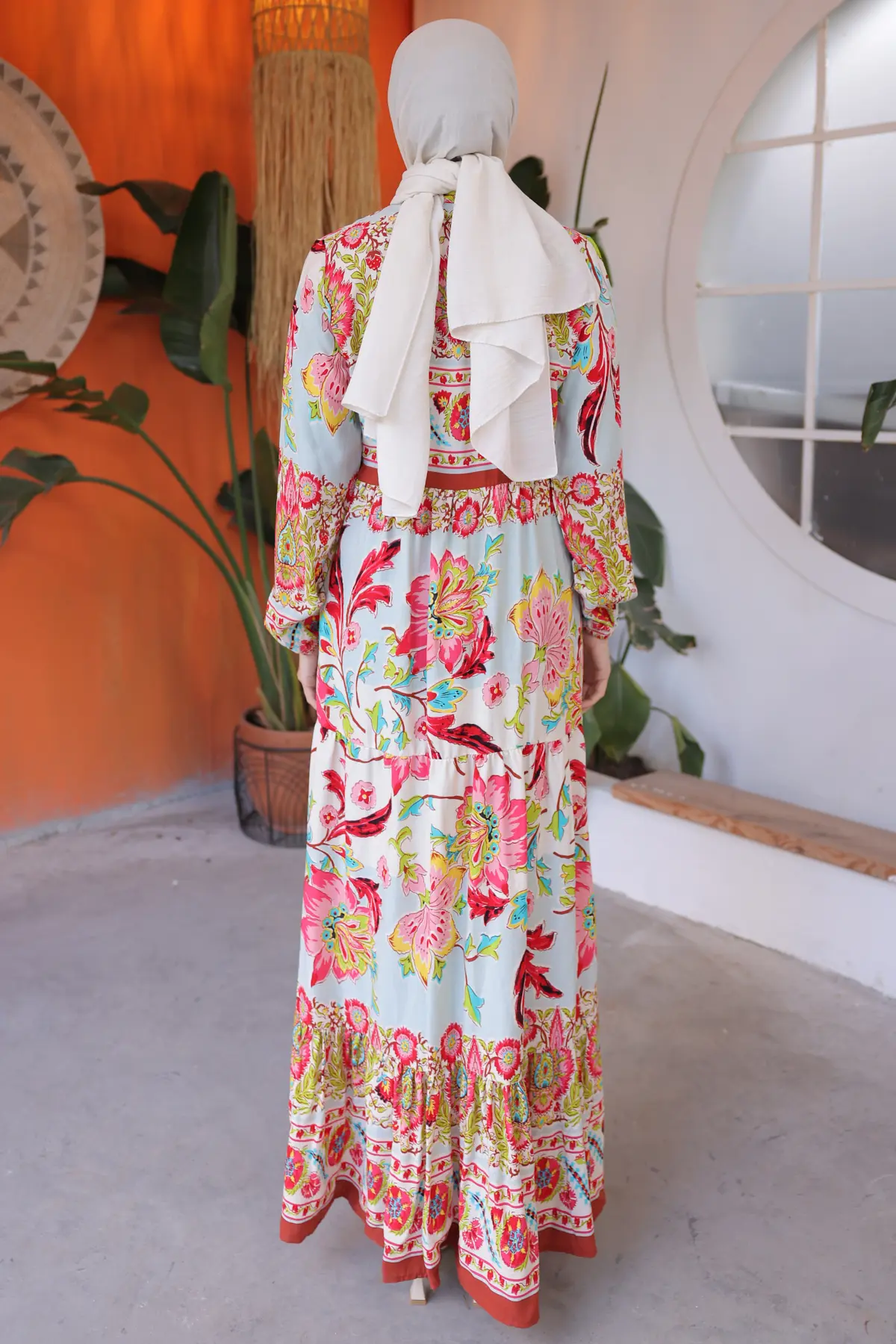 12002 Çiçek Desenli Viskon Elbise Nar Çiçeği-detail