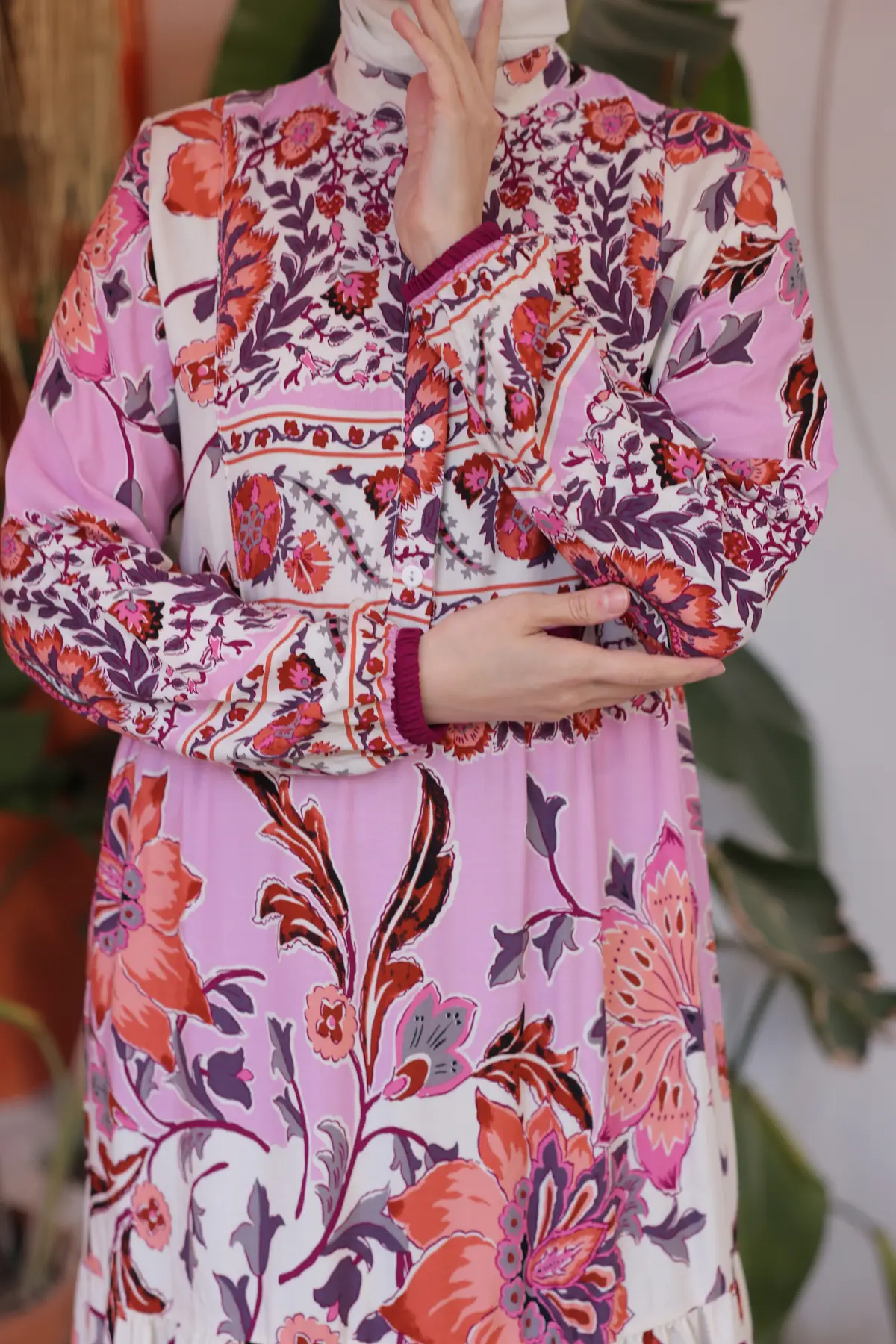 12002 Çiçek Desenli Viskon Elbise Pembe-detail