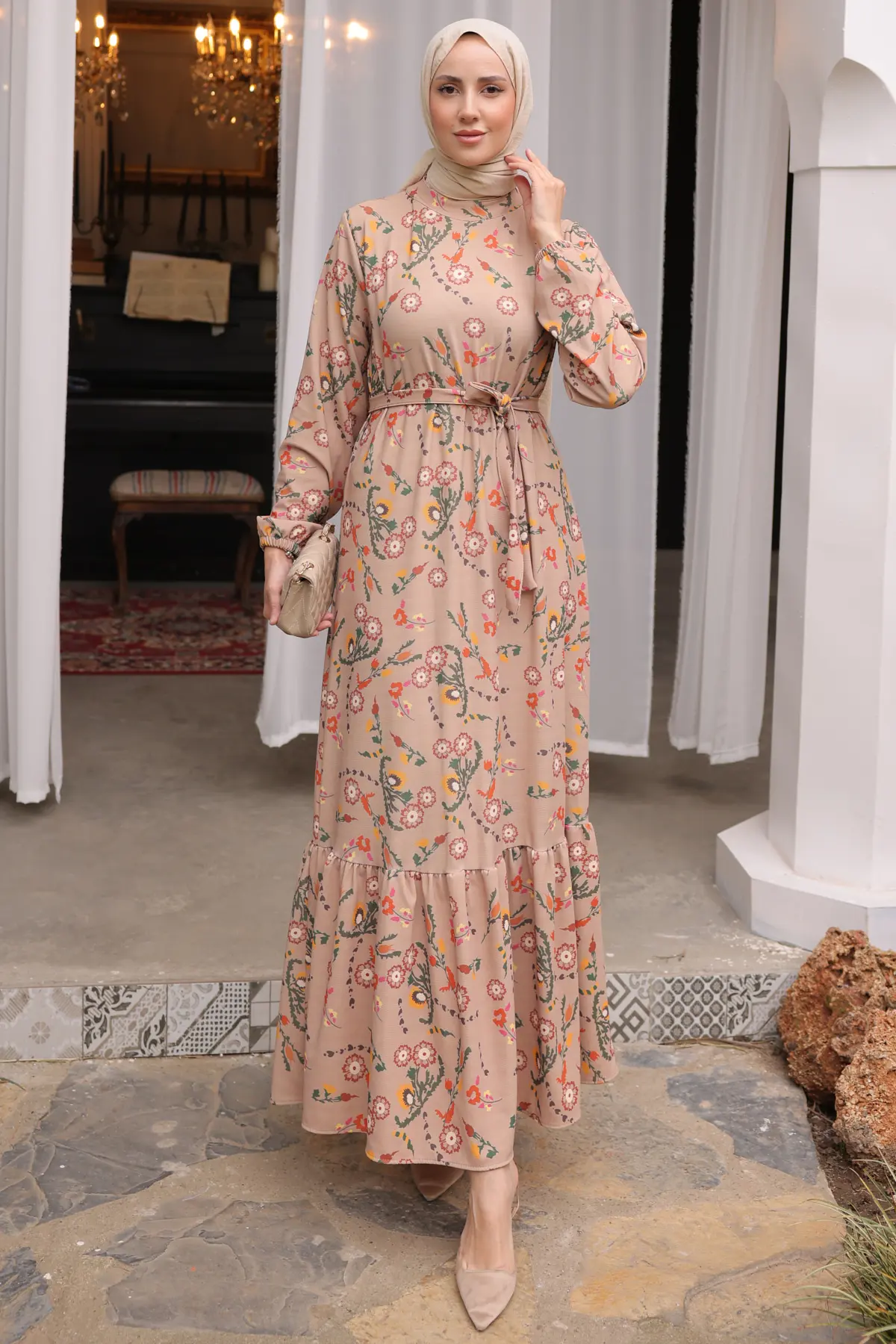 12014 Kolu Lastikli Çiçek Desenli Elbise Bej-detail