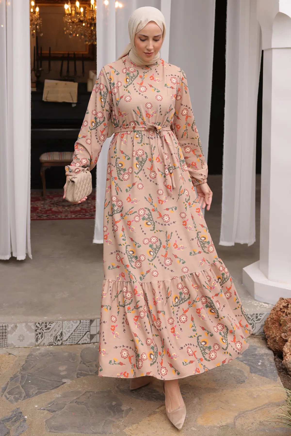 12014 Kolu Lastikli Çiçek Desenli Elbise Bej-detail