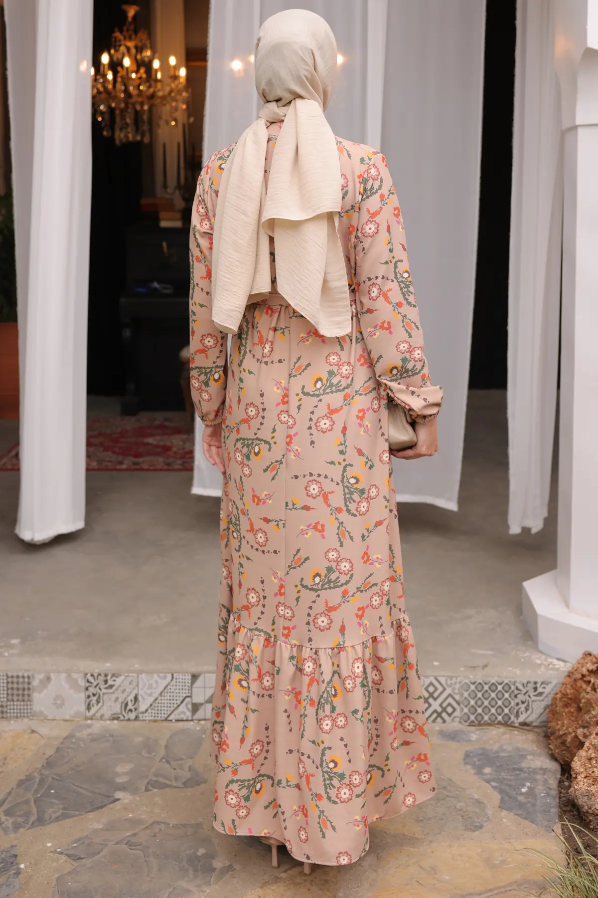 12014 Kolu Lastikli Çiçek Desenli Elbise Bej-detail