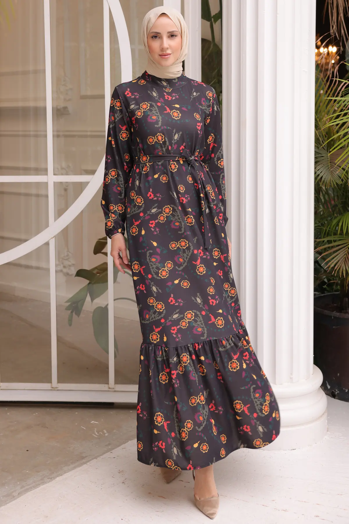 12014 Kolu Lastikli Çiçek Desenli Elbise Siyah-detail