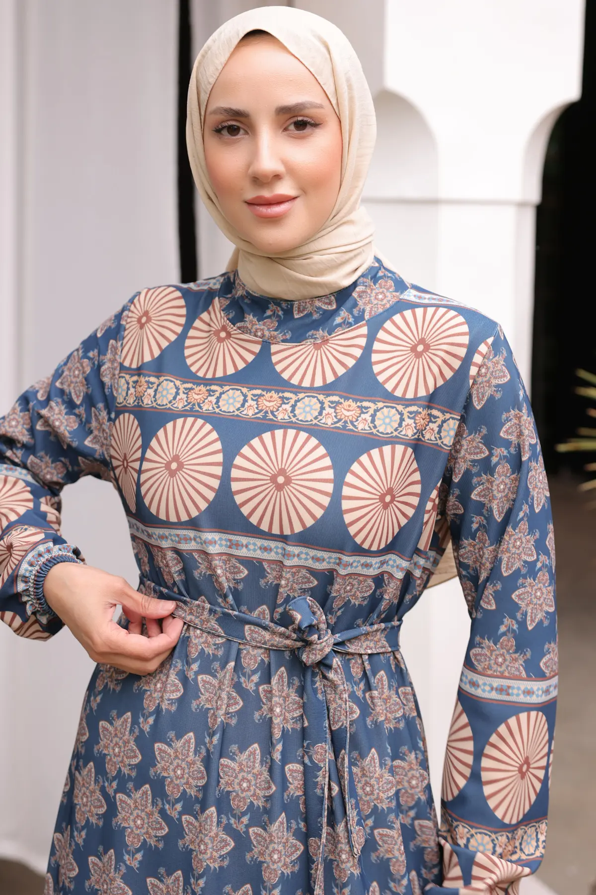 12015 Desenli Tesettür Elbise Lacivert-detail