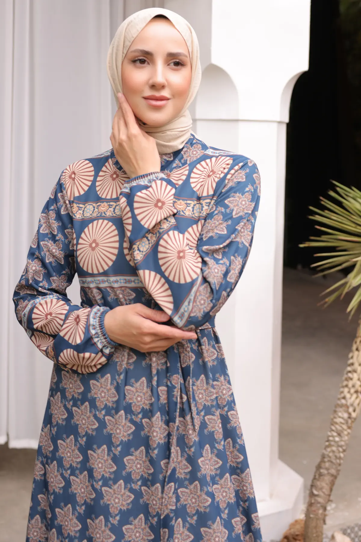 12015 Desenli Tesettür Elbise Lacivert-detail