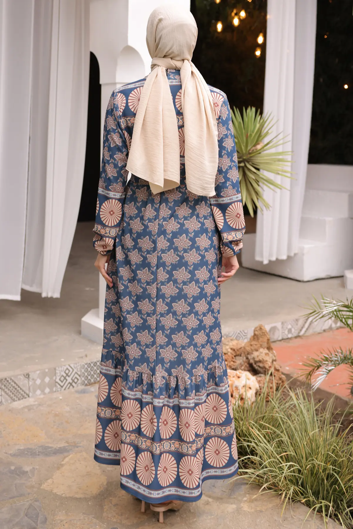 12015 Desenli Tesettür Elbise Lacivert-detail