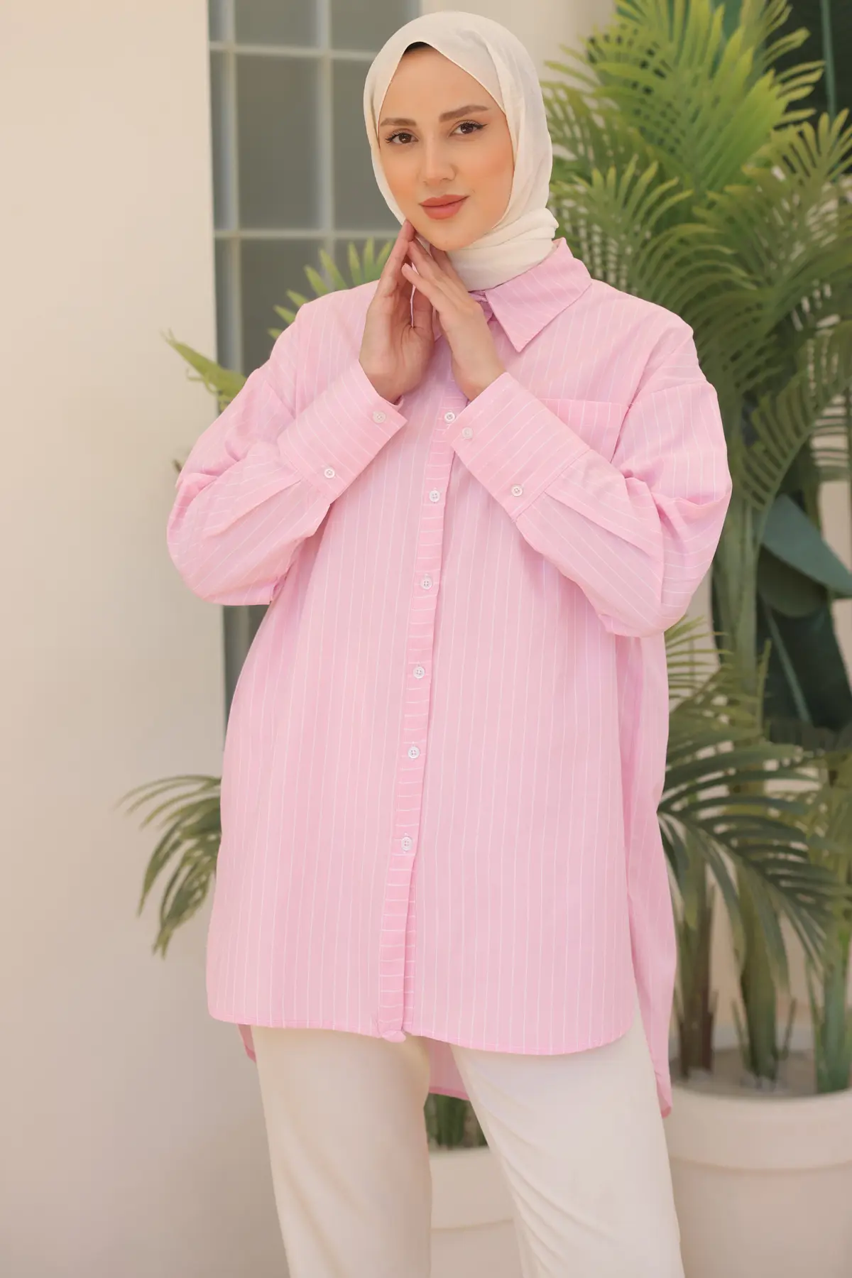 12021 Çizgili Gömlek Pembe-detail