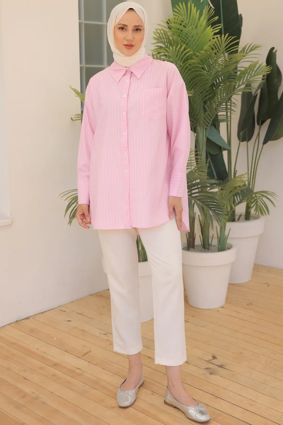 12021 Çizgili Gömlek Pembe-detail