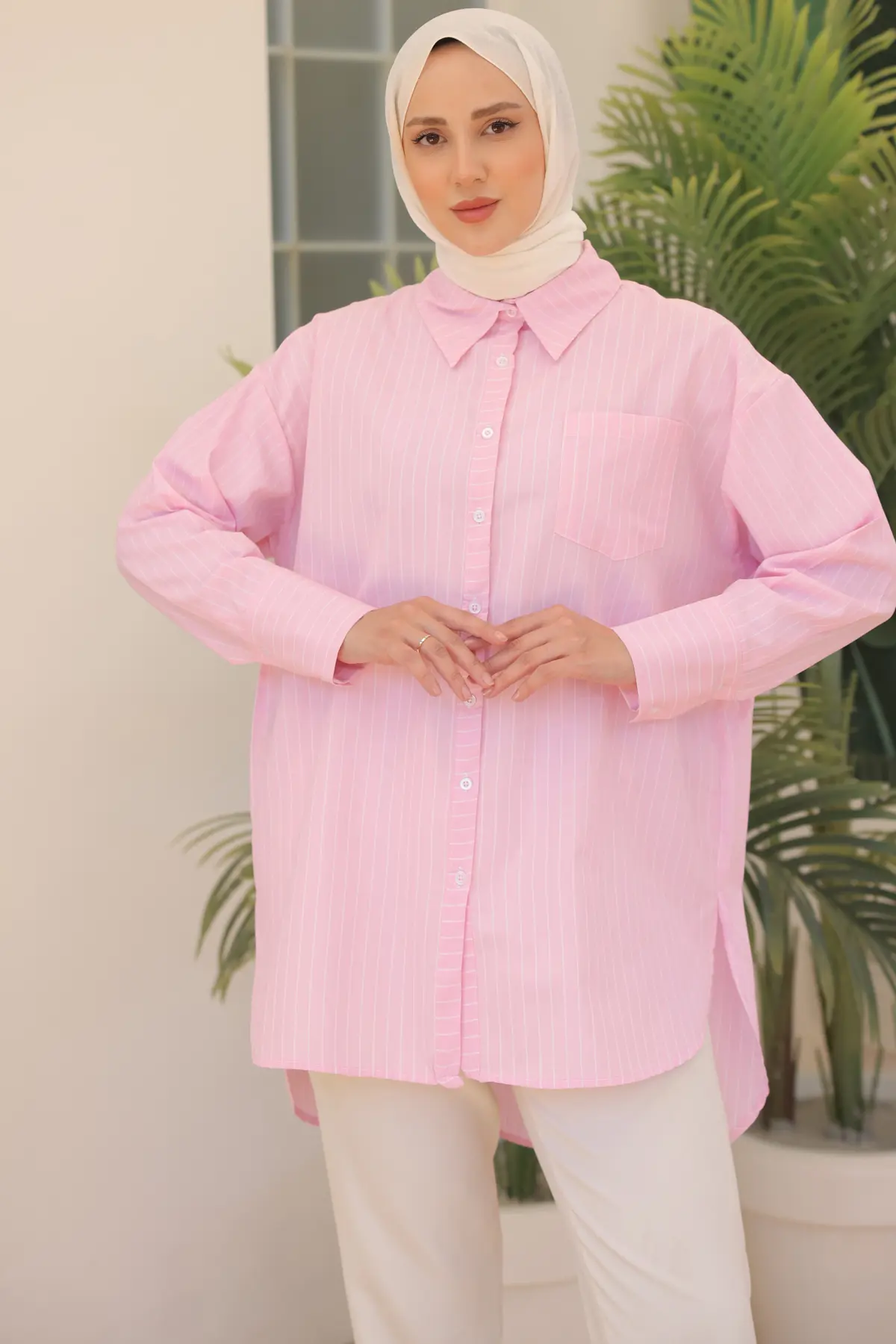 12021 Çizgili Gömlek Pembe-detail