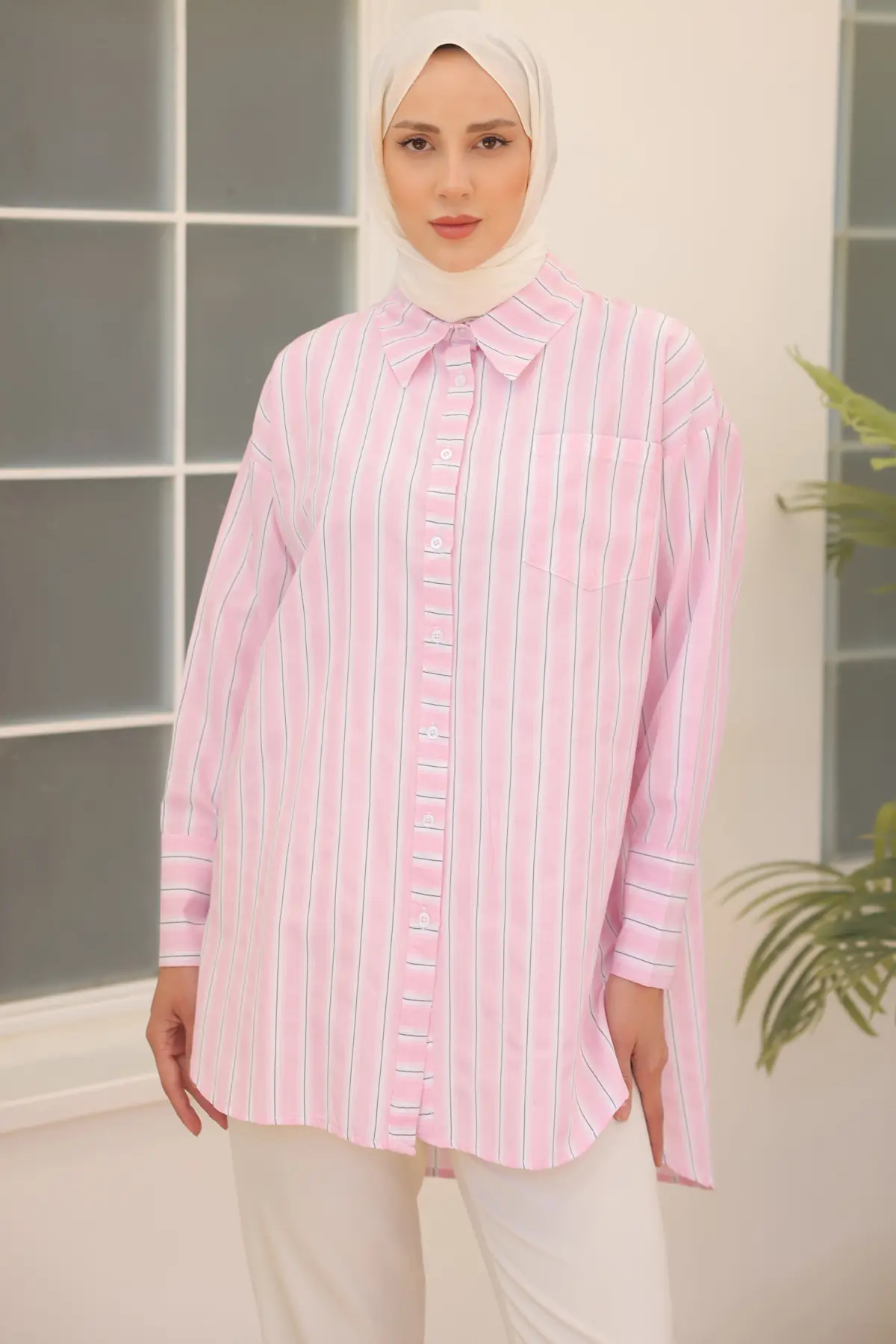 12022 Çizgili Gömlek Pembe-detail