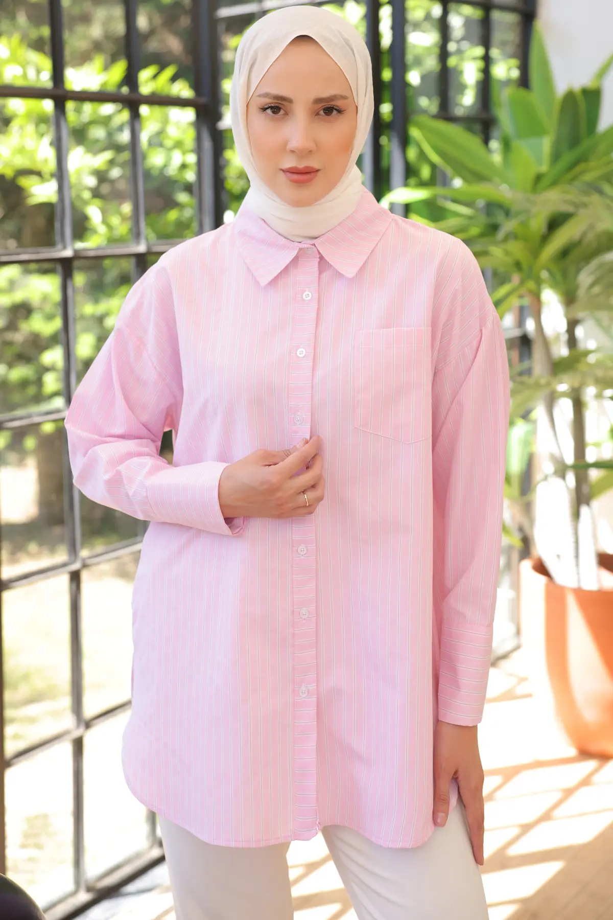 12023 Çizgili Gömlek Pembe-detail