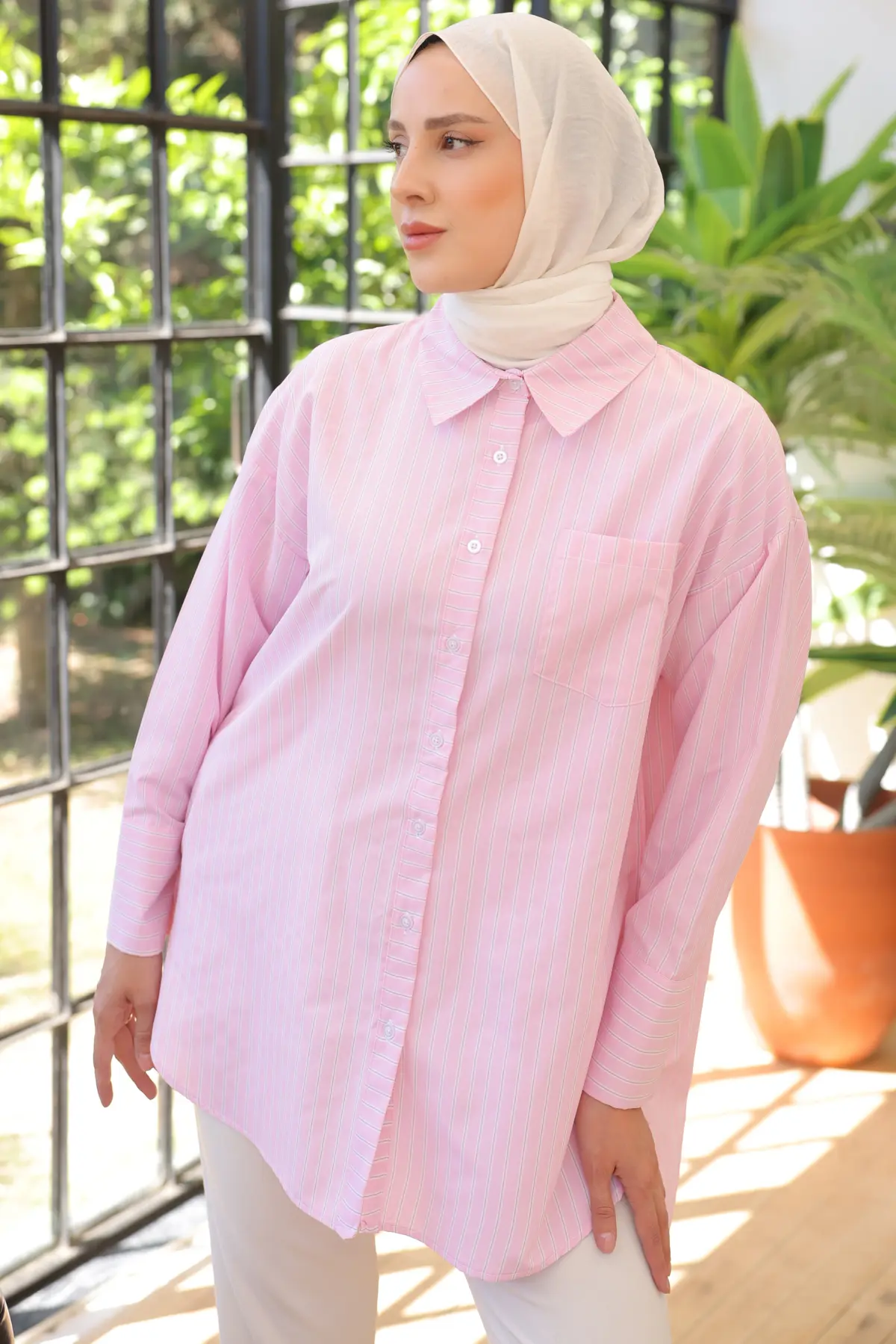 12023 Çizgili Gömlek Pembe-detail