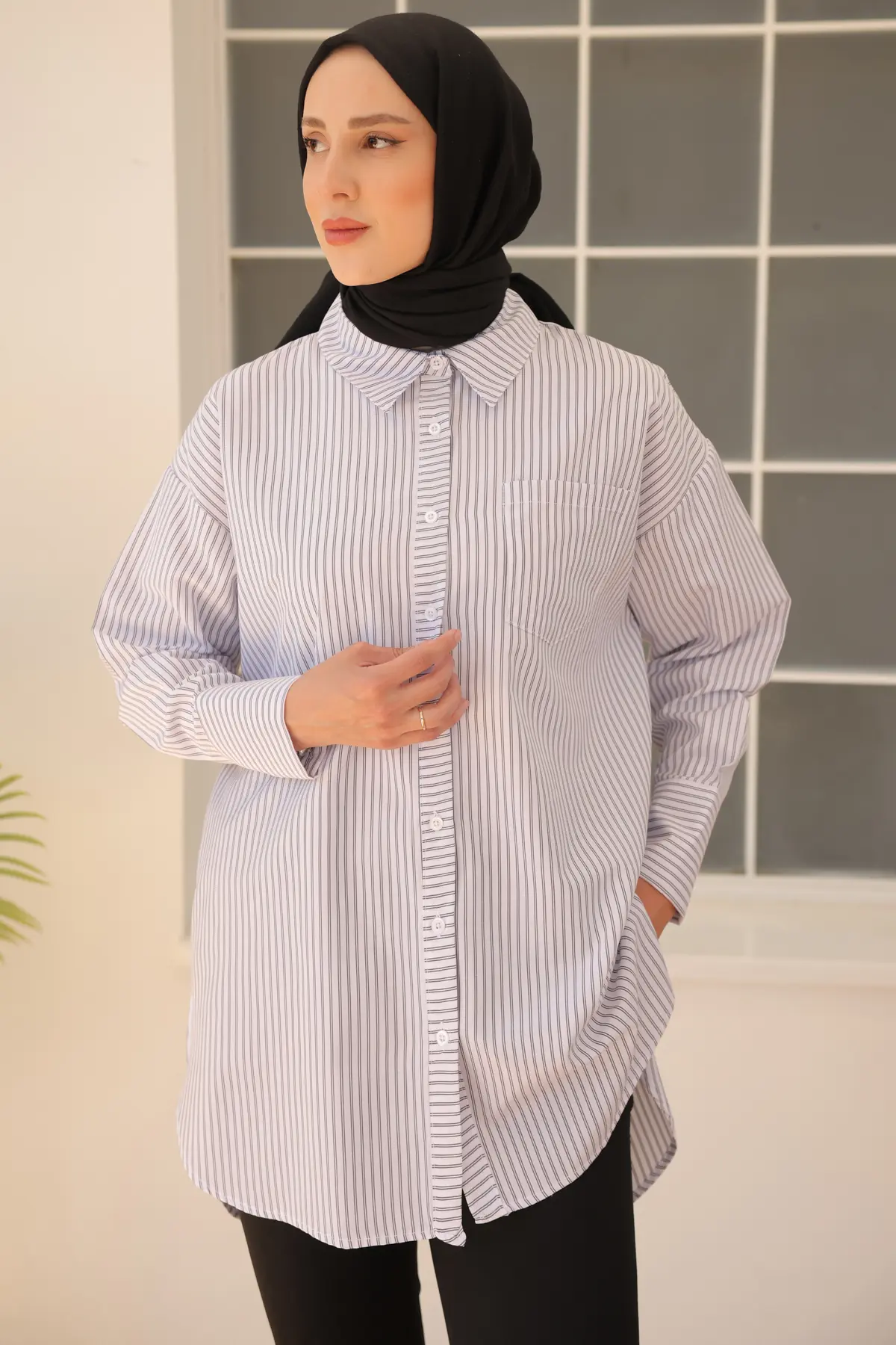 12025 Çizgili Gömlek Beyaz-detail