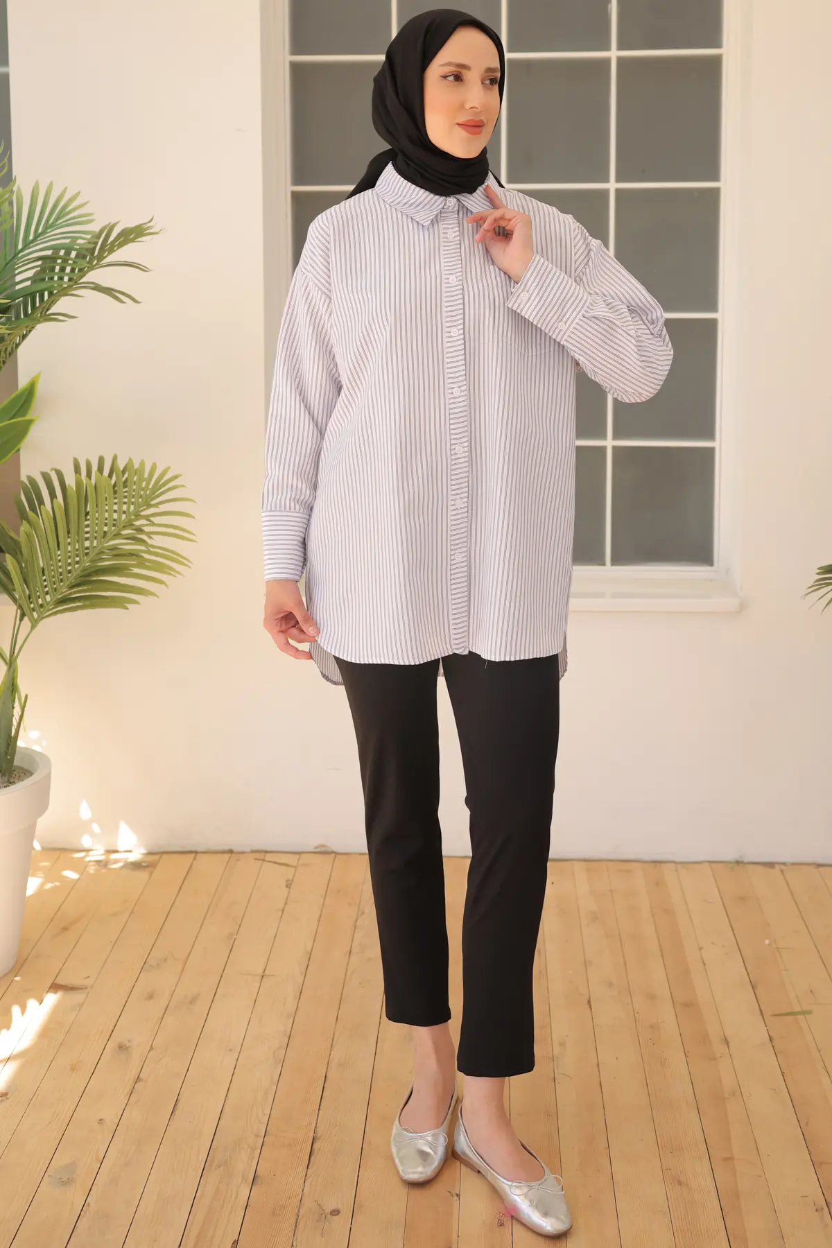 12025 Çizgili Gömlek Beyaz-detail