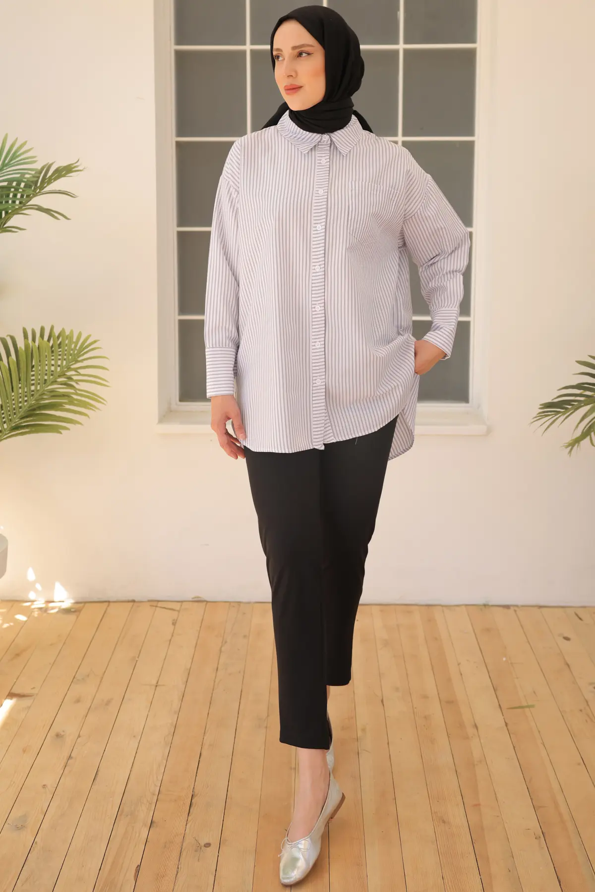 12025 Çizgili Gömlek Beyaz-detail