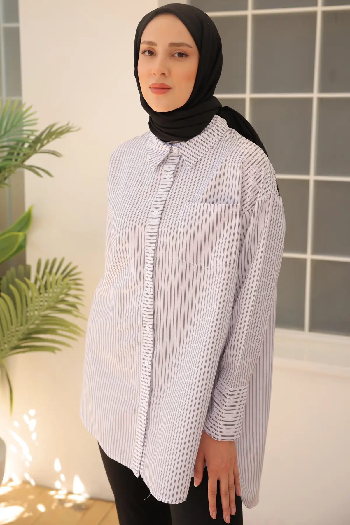 12025 Çizgili Gömlek Beyaz-detail