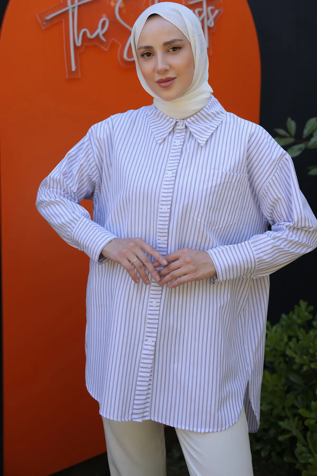 12025 Çizgili Gömlek Krem-detail