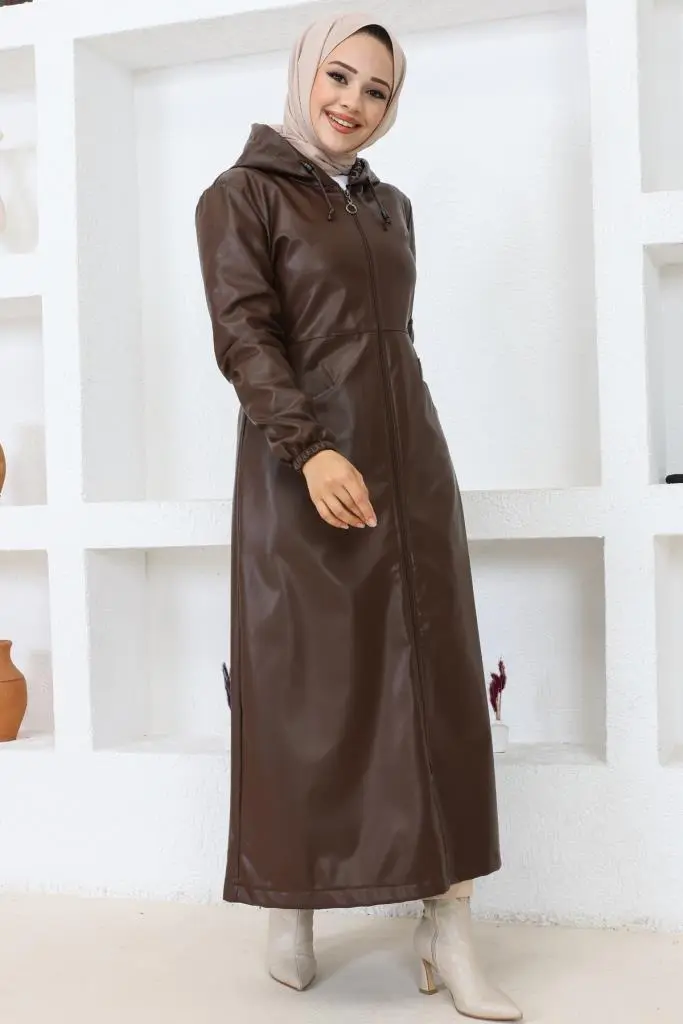 1250 Uzun Tesettür Deri Trençkot-kap Kahverengi-detail