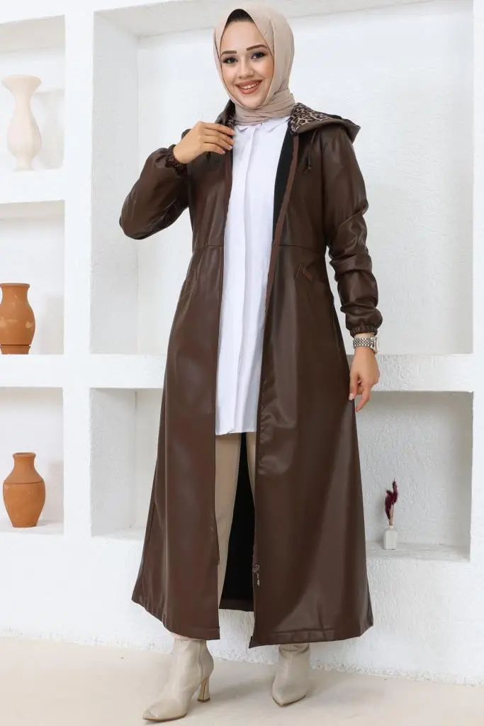 1250 Uzun Tesettür Deri Trençkot-kap Kahverengi-detail