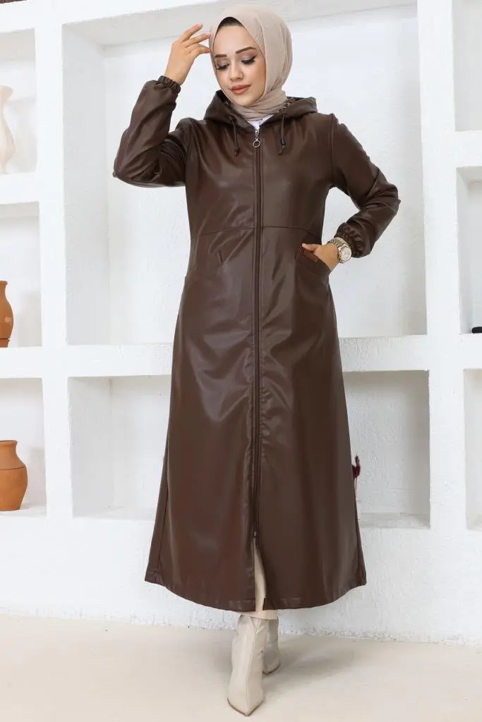 1250 Uzun Tesettür Deri Trençkot-kap Kahverengi-detail