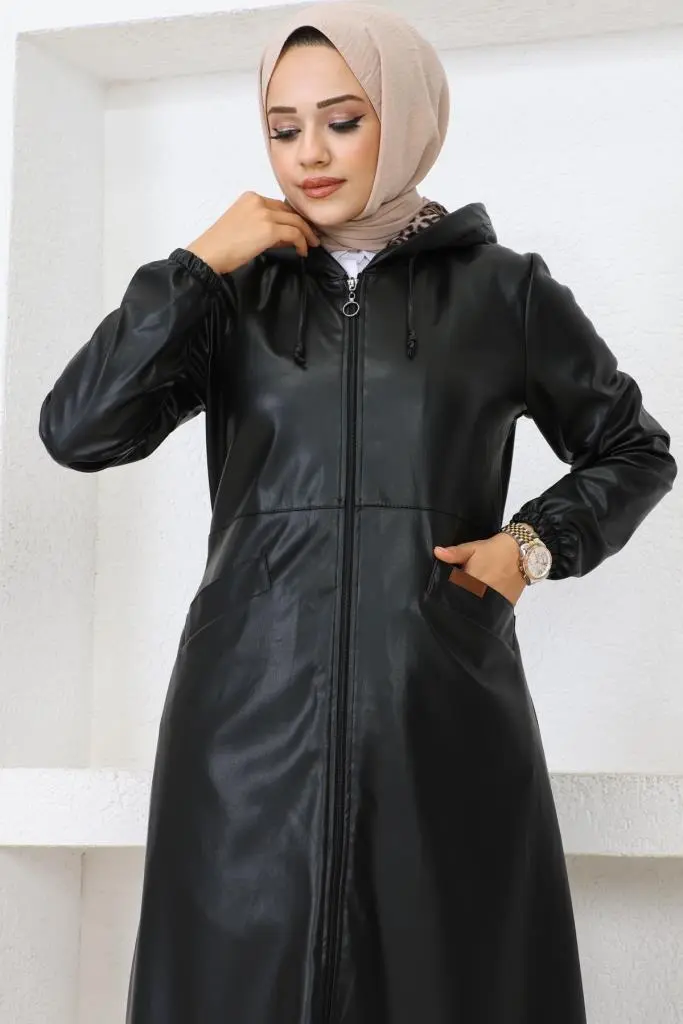 1250 Uzun Tesettür Deri Trençkot-kap Siyah-detail