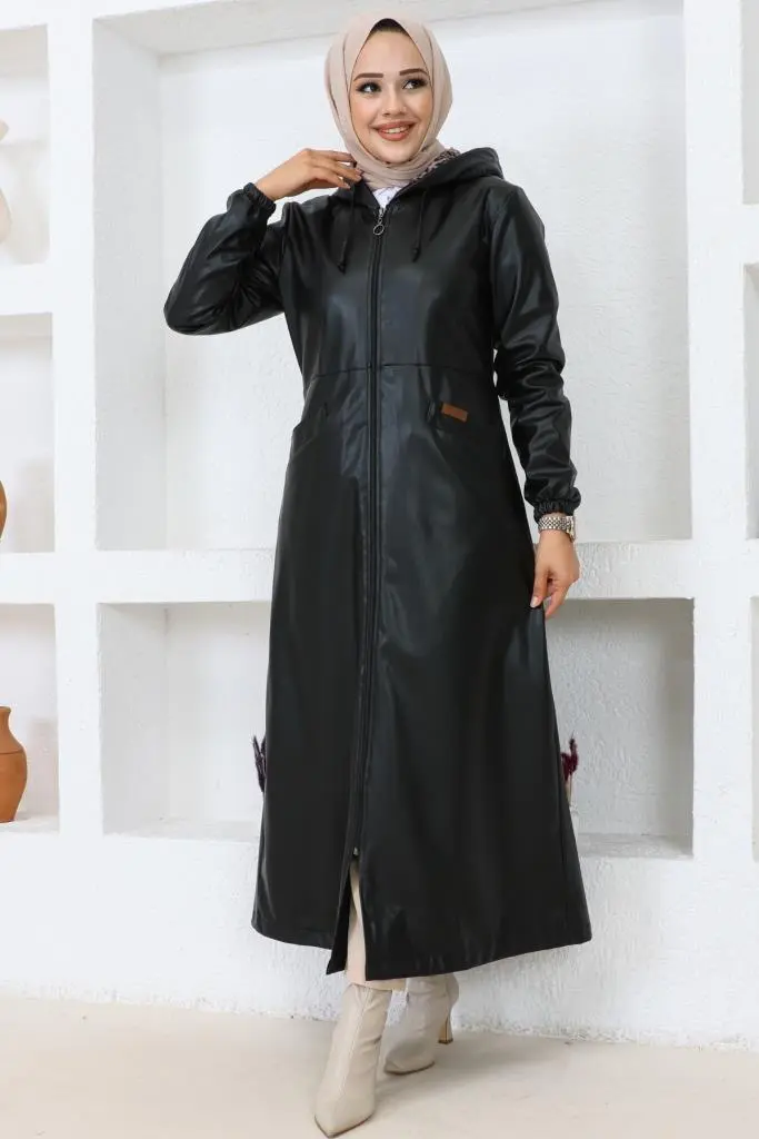 1250 Uzun Tesettür Deri Trençkot-kap Siyah-detail