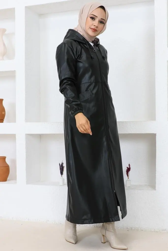 1250 Uzun Tesettür Deri Trençkot-kap Siyah-detail