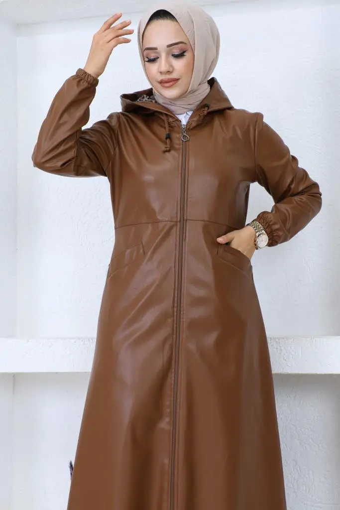 1250 Uzun Tesettür Deri Trençkot-kap Taba-detail