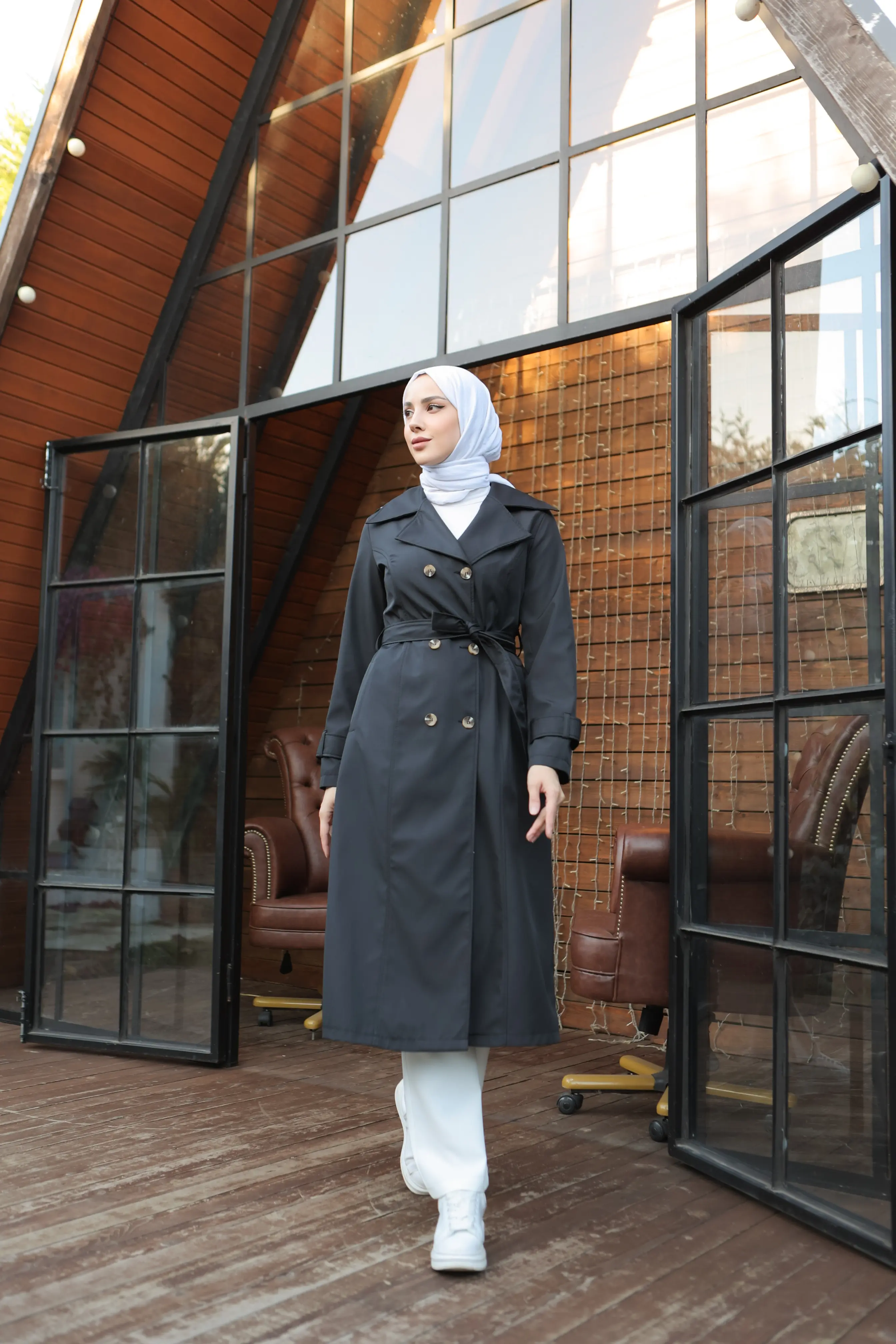 1251 Düğme Detaylı Trençkot Siyah-detail