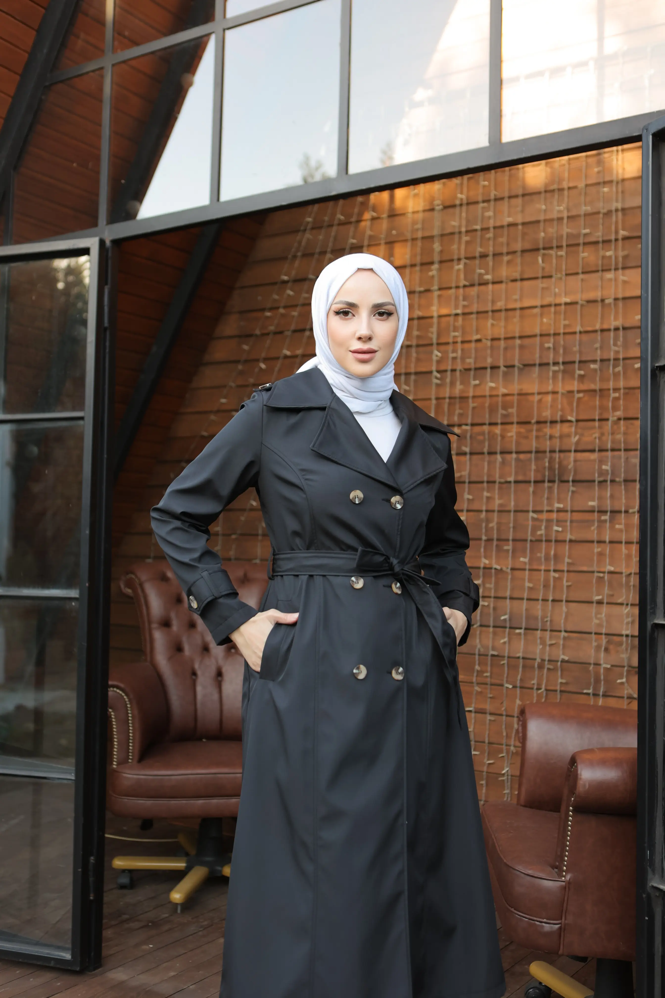 1251 Düğme Detaylı Trençkot Siyah-detail