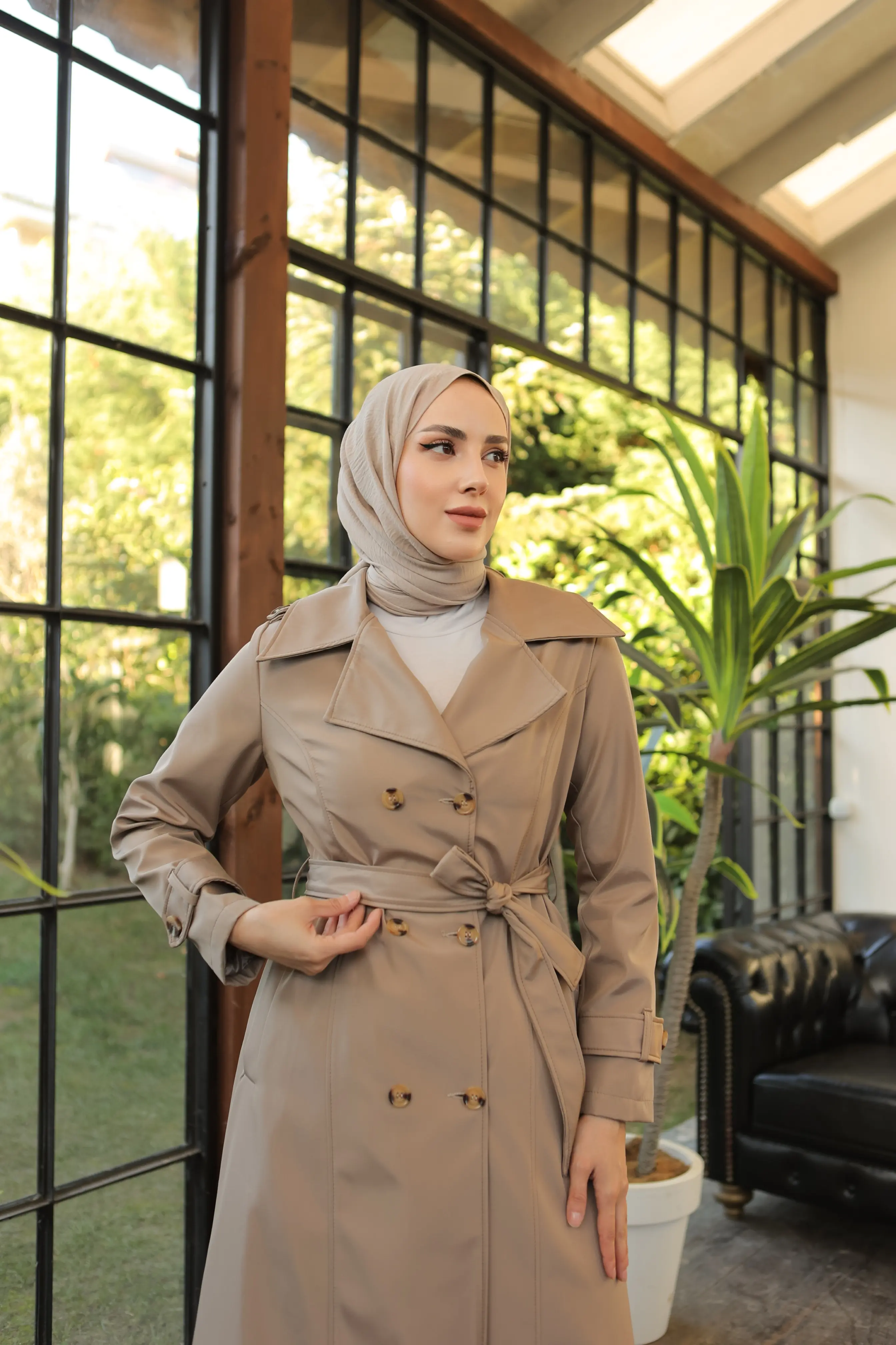 1251 Düğme Detaylı Trençkot Vizon-detail