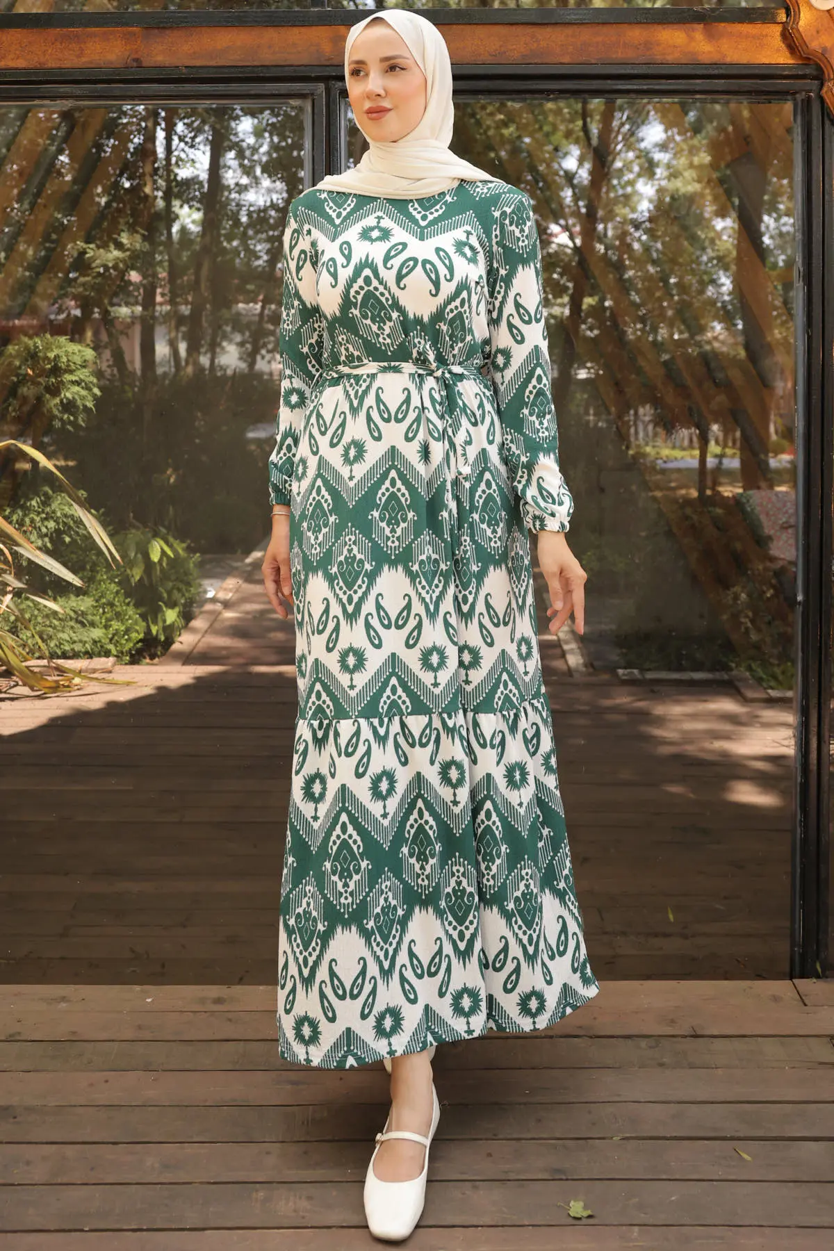 13003 Desenli Tesettür Elbise Zümrüt Yeşili-detail