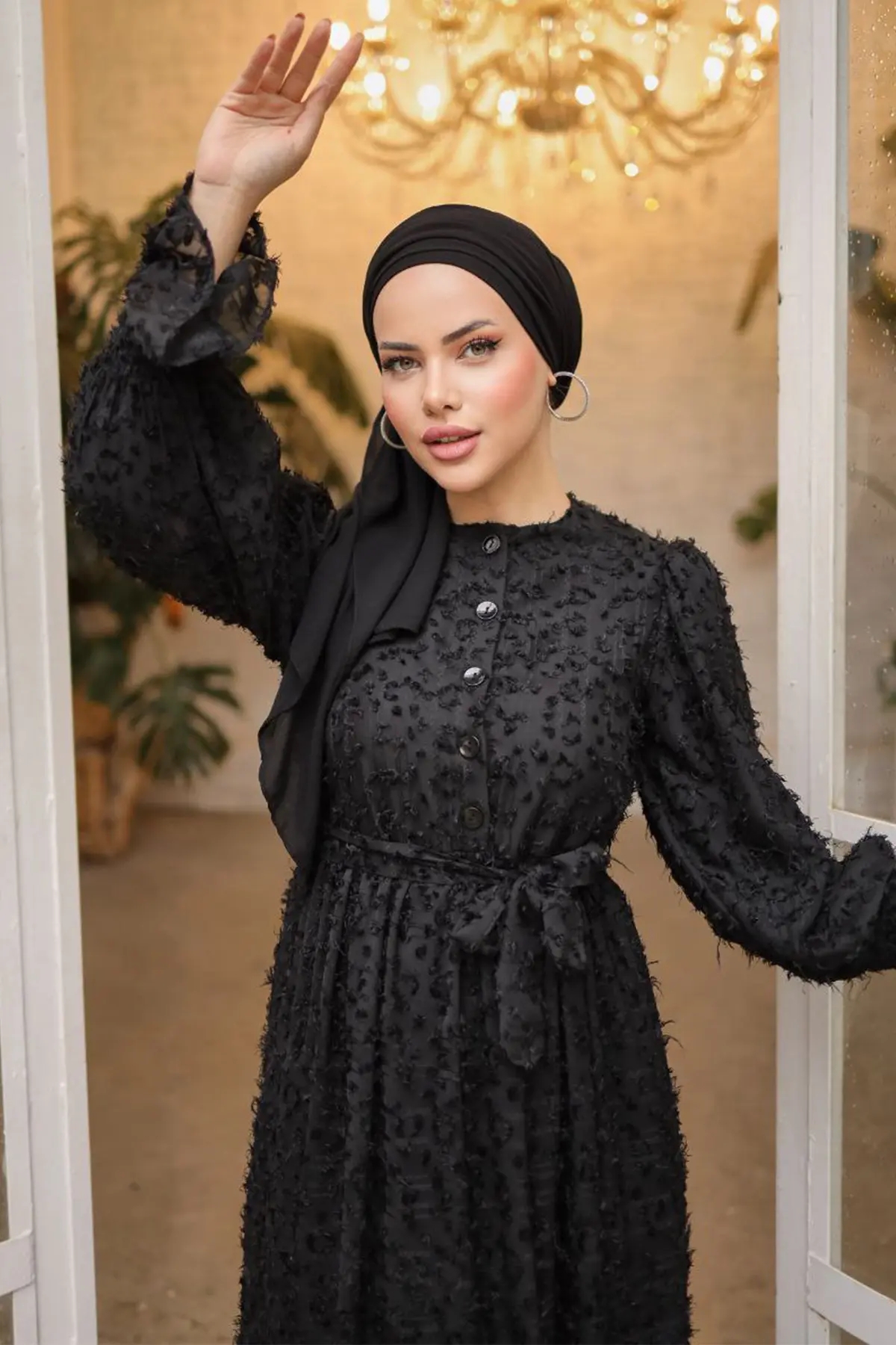 1409 Önü Düğmeli Kesme Saçaklı Şifon Elbise Siyah-detail