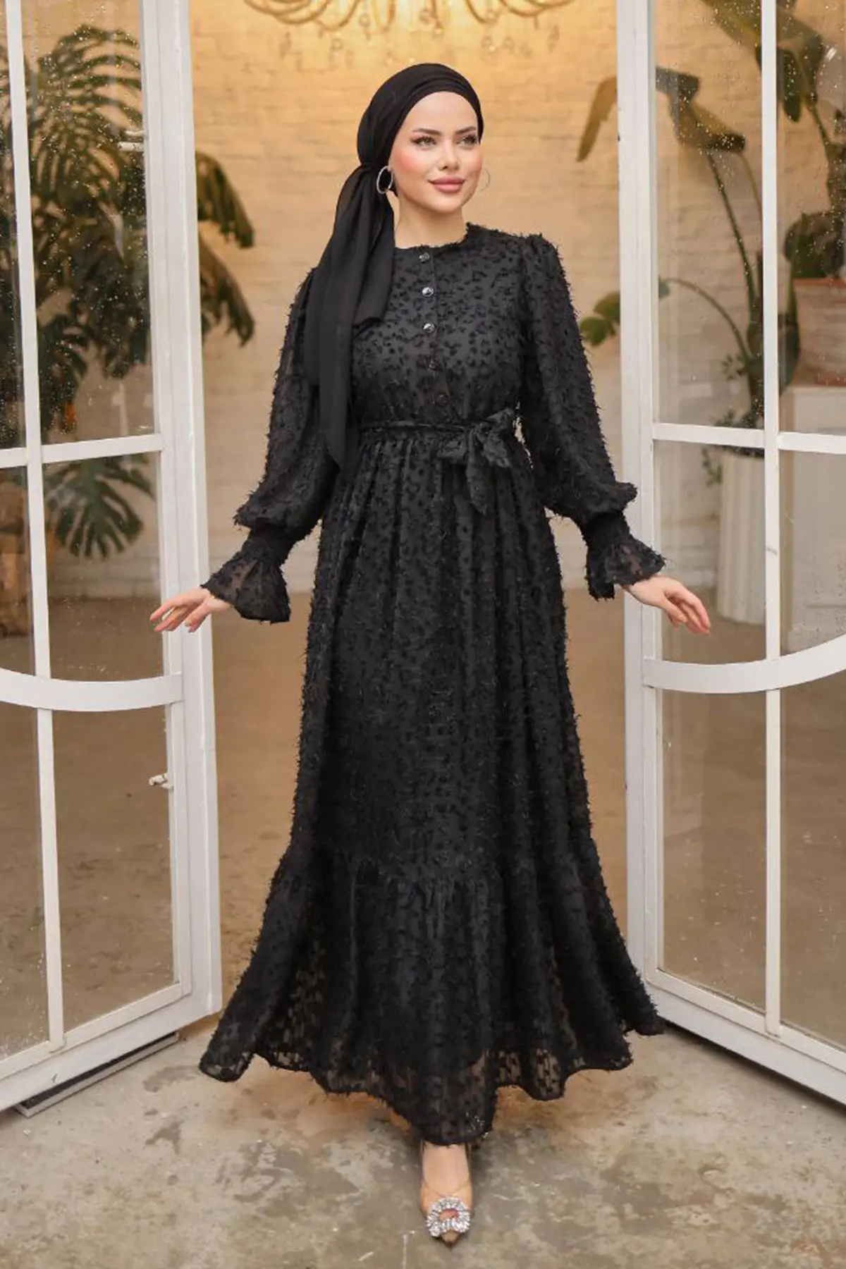 1409 Önü Düğmeli Kesme Saçaklı Şifon Elbise Siyah-detail