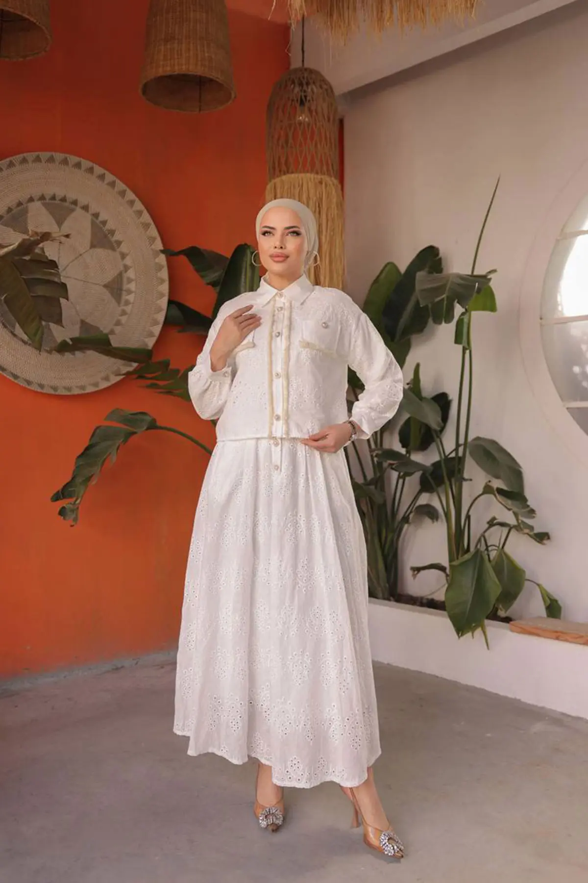 1417 Cep Detaylı İnci Düğmeli İkili Takım Beyaz-detail