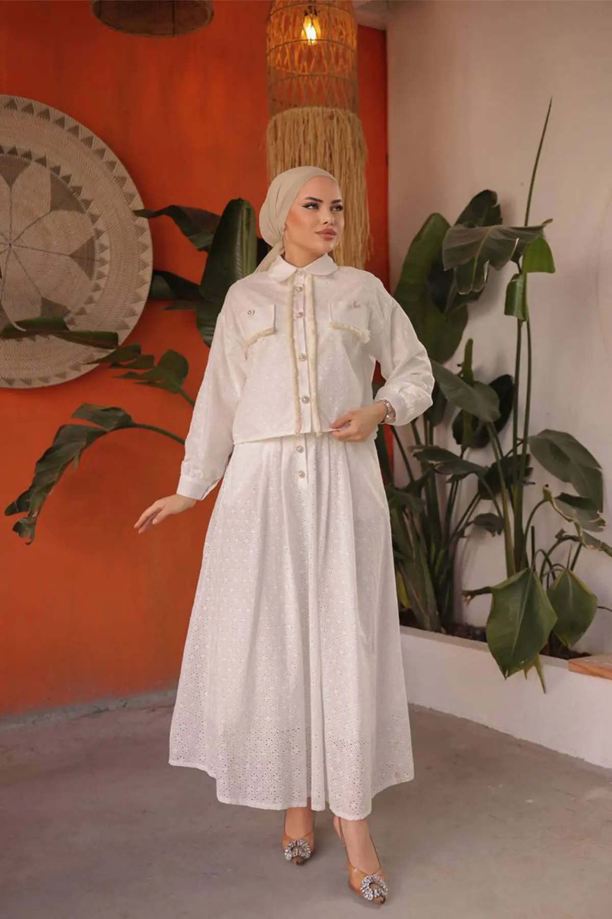 1417 Cep Detaylı İnci Düğmeli İkili Takım Beyaz-detail