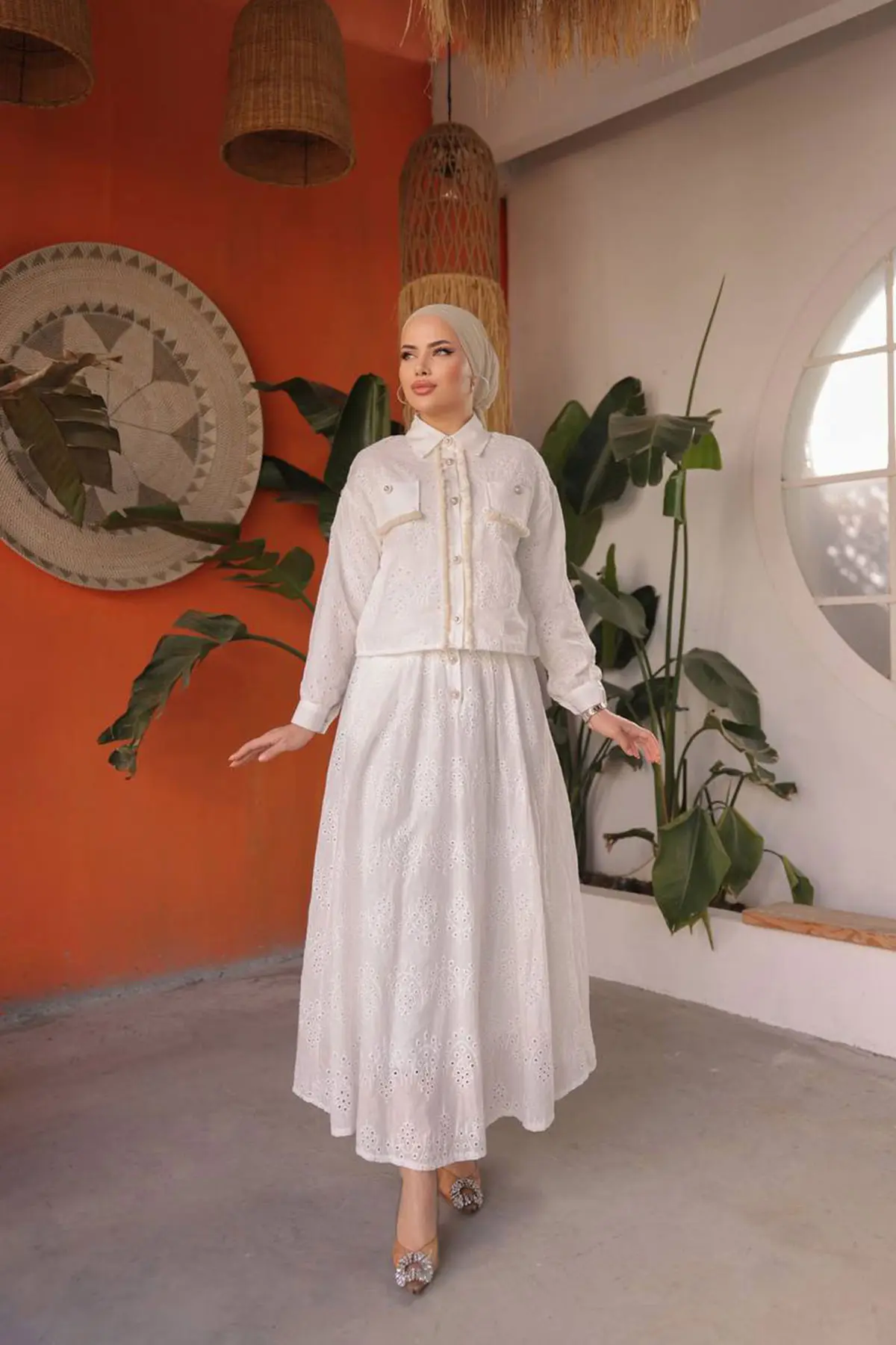 1417 Cep Detaylı İnci Düğmeli İkili Takım Beyaz-detail