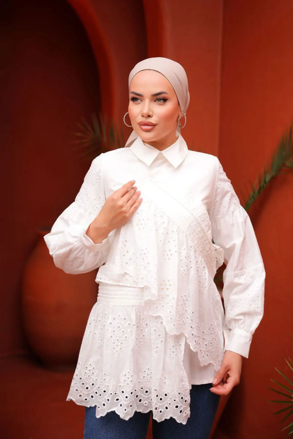 1422 Kat Detaylı Dantel Gömlek Beyaz-detail