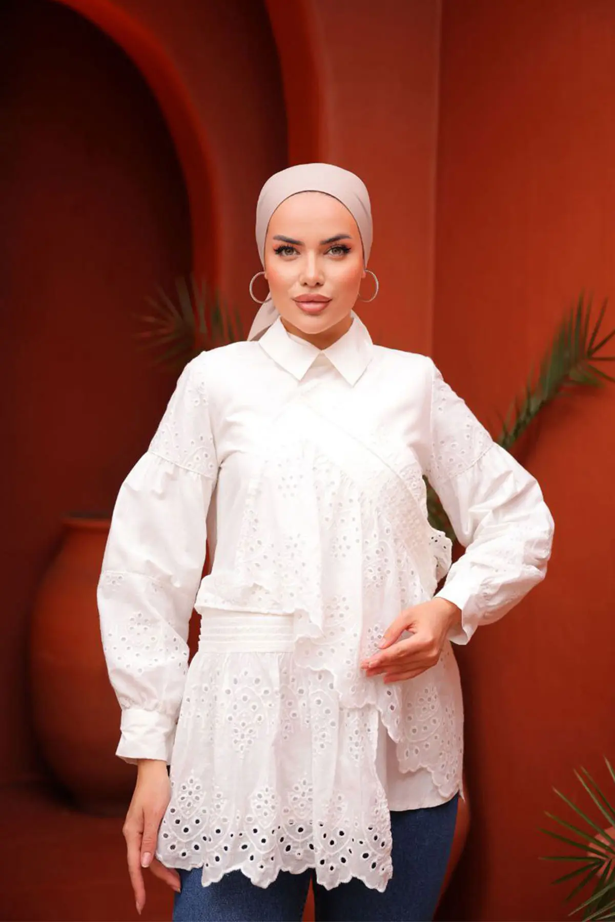 1422 Kat Detaylı Dantel Gömlek Beyaz-detail