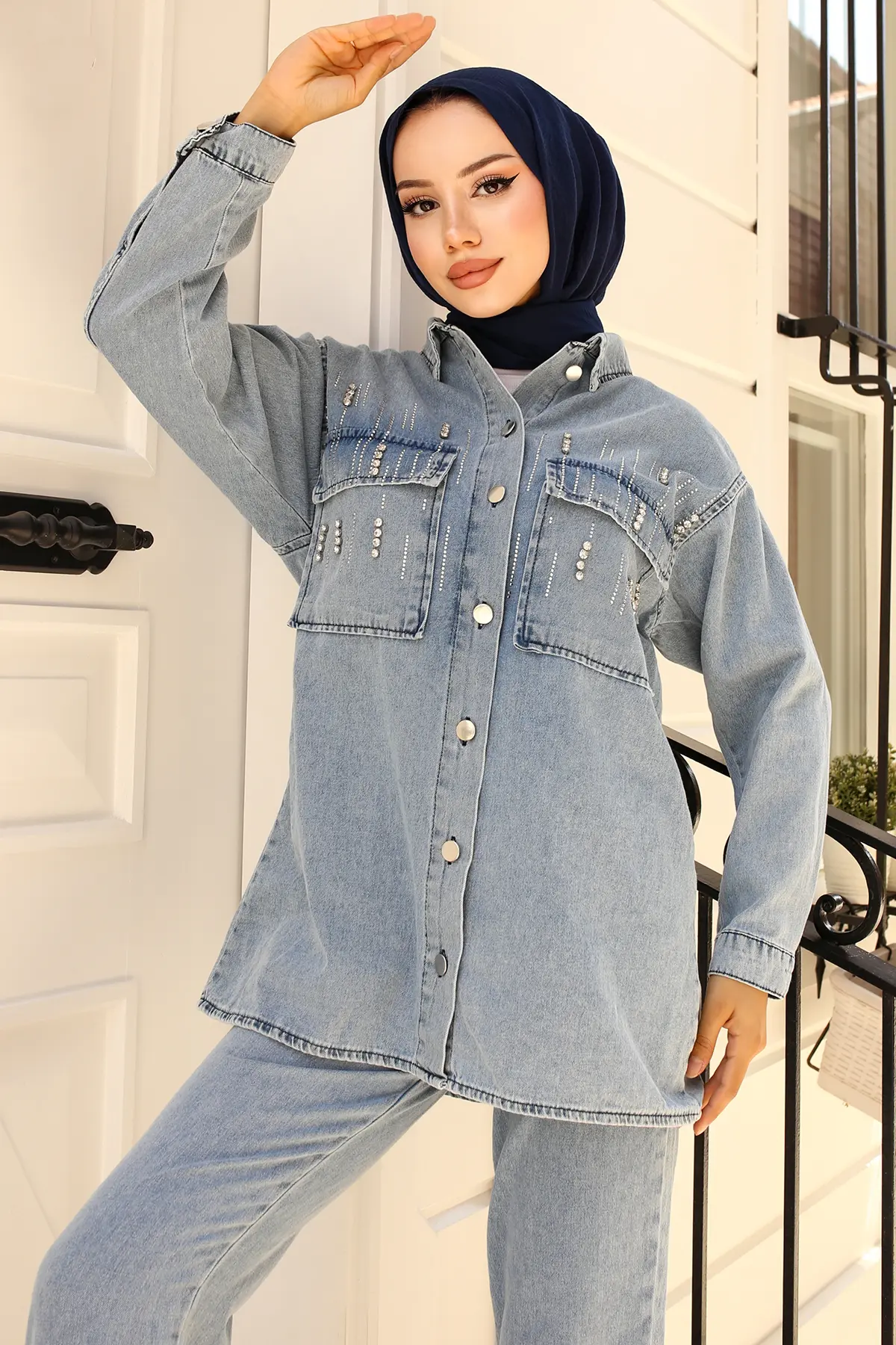 1443 Taş Detaylı Kot Takım Mavi-detail