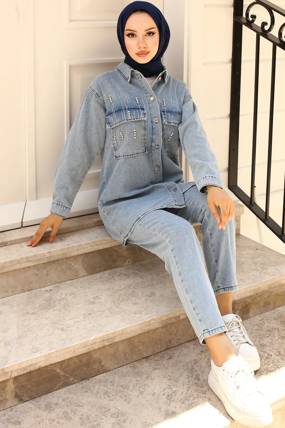 1443 Taş Detaylı Kot Takım Mavi-detail