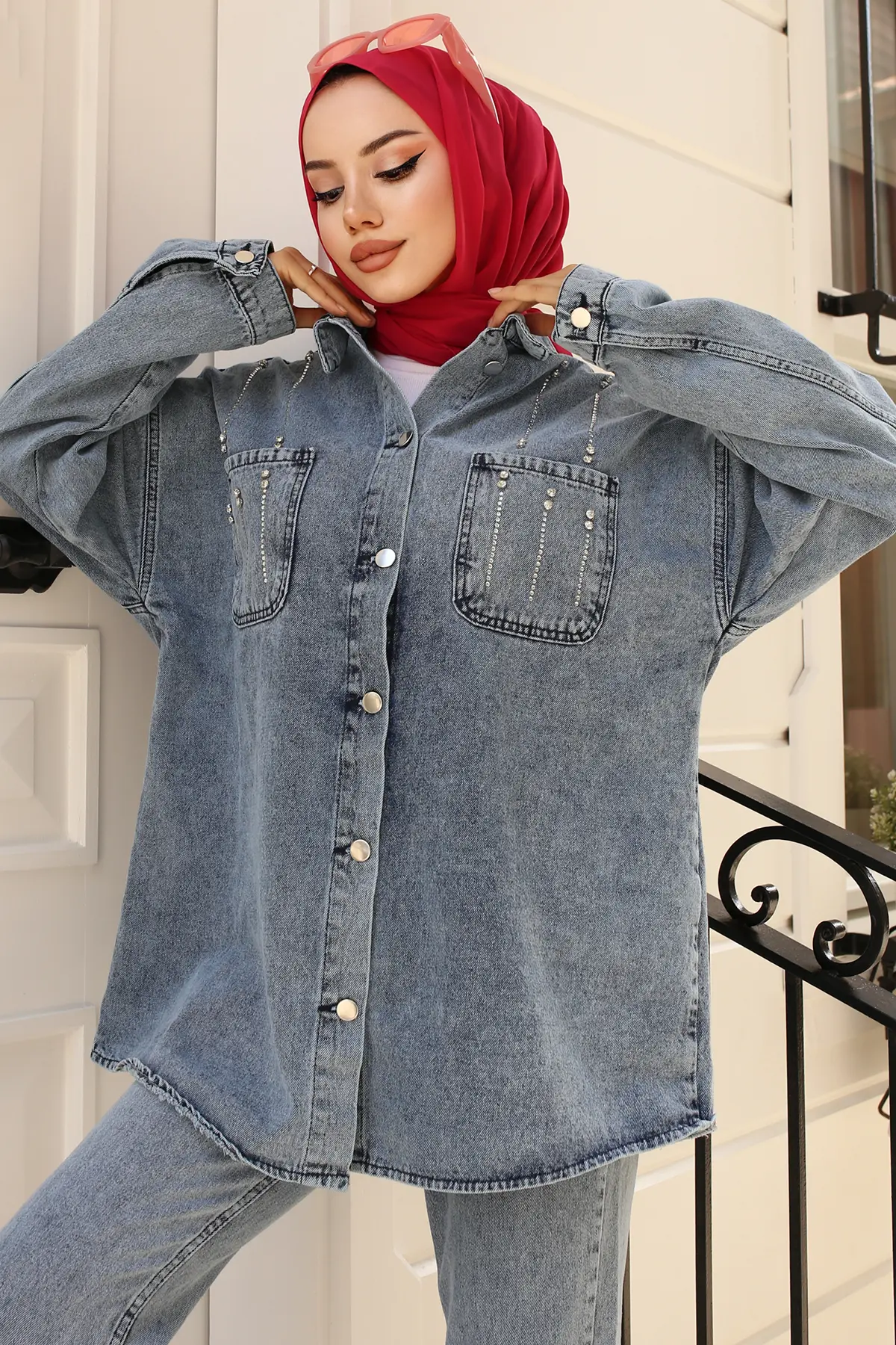 1699 Taş Detaylı İkili Takım Mavi-detail