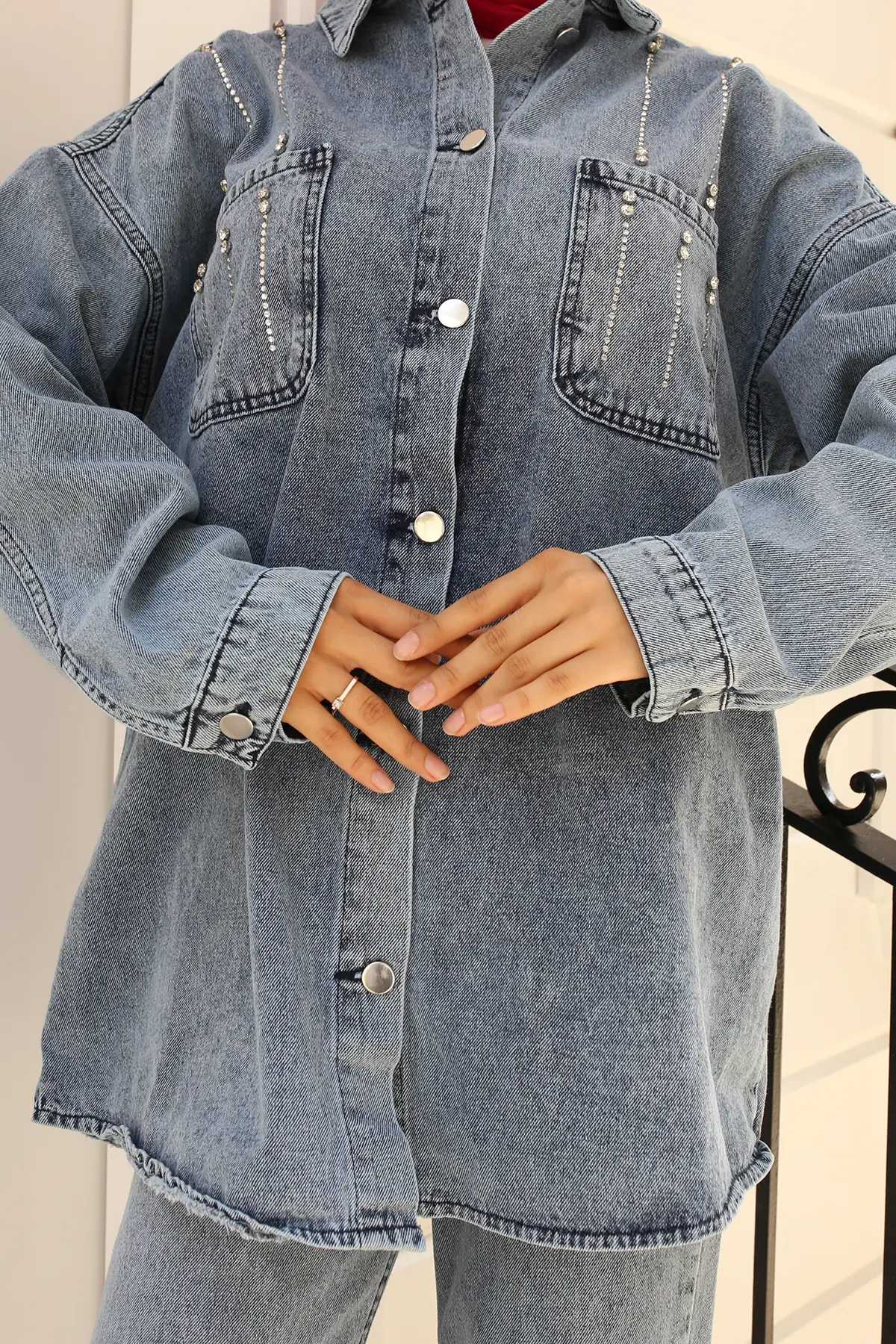 1699 Taş Detaylı İkili Takım Mavi-detail