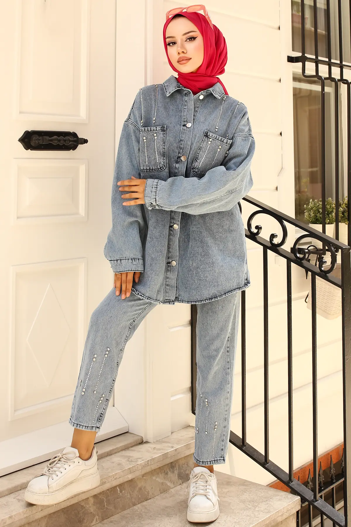 1699 Taş Detaylı İkili Takım Mavi-detail