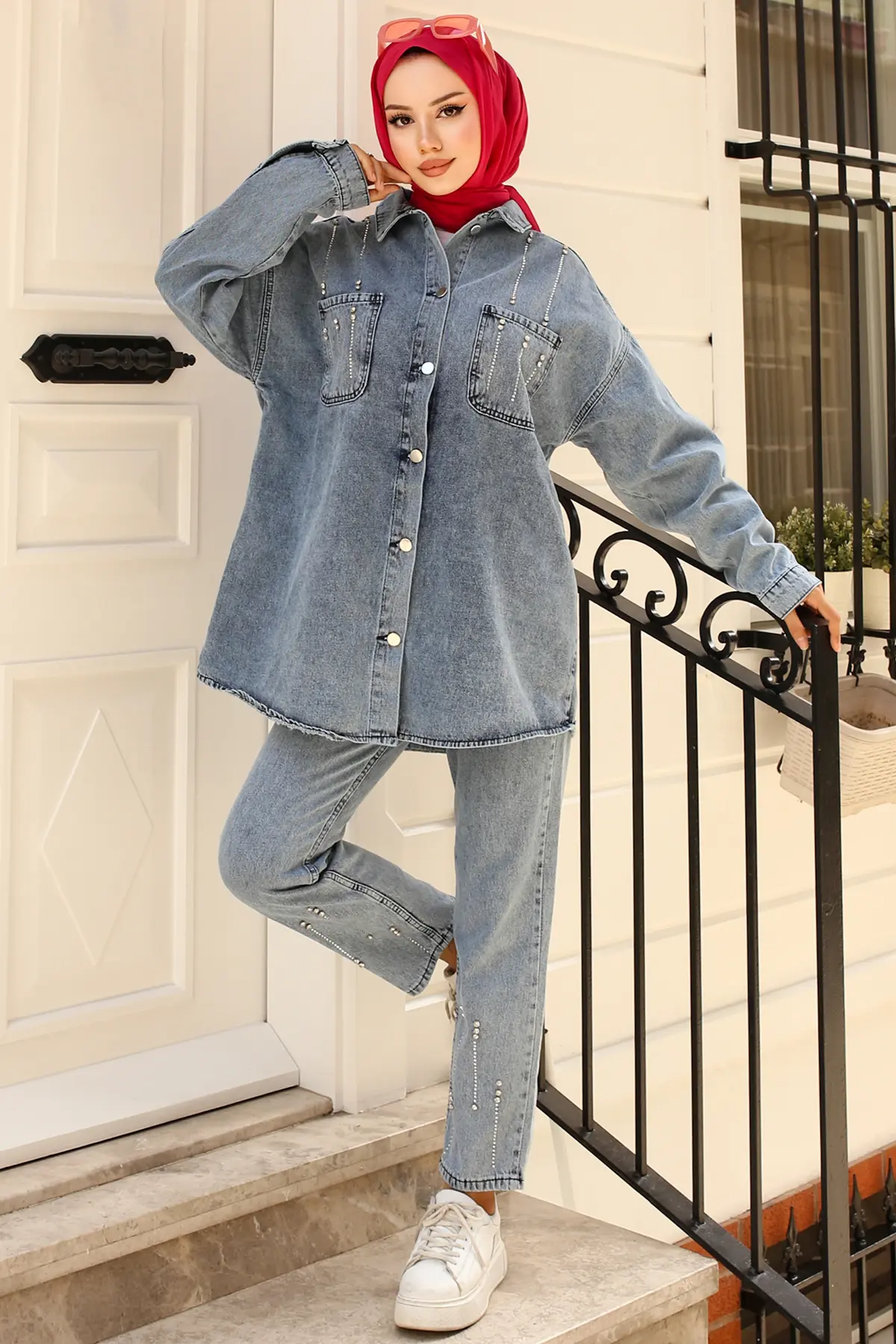 1699 Taş Detaylı İkili Takım Mavi-detail