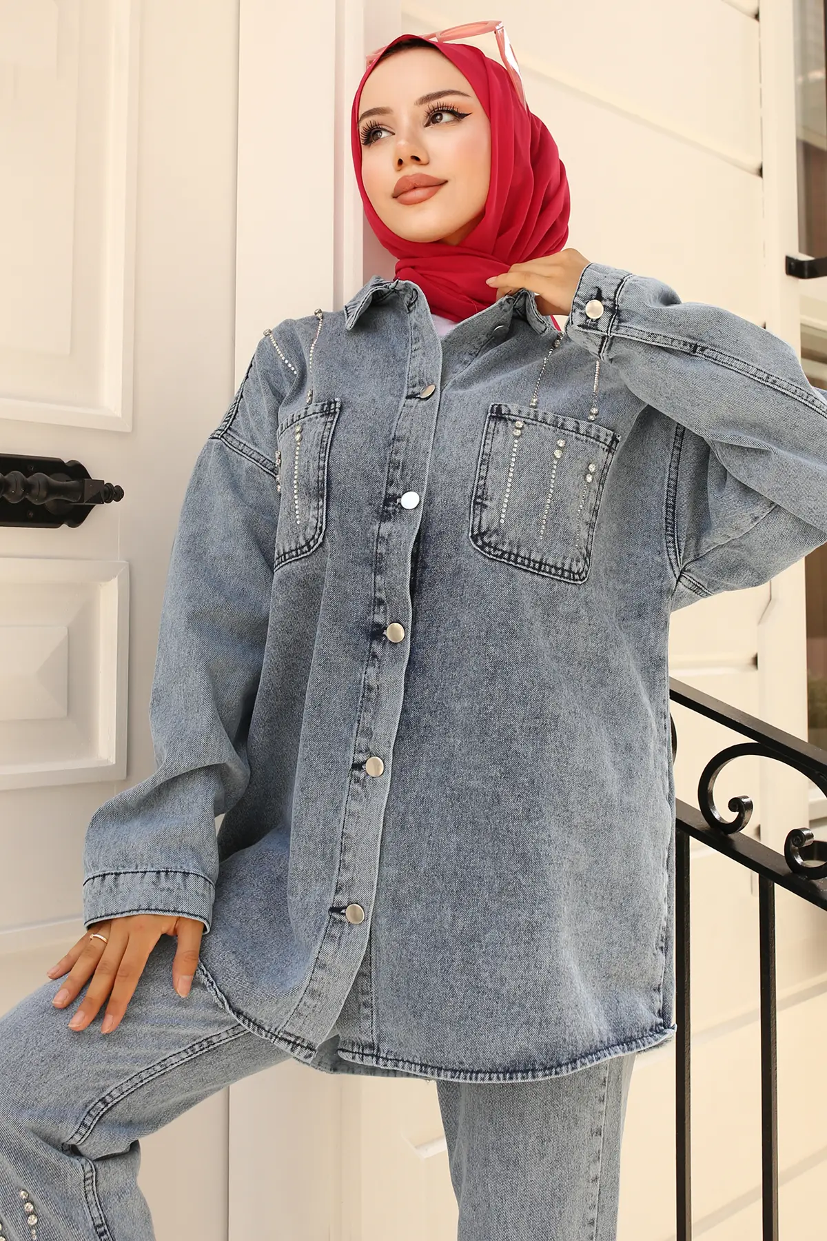 1699 Taş Detaylı İkili Takım Mavi-detail