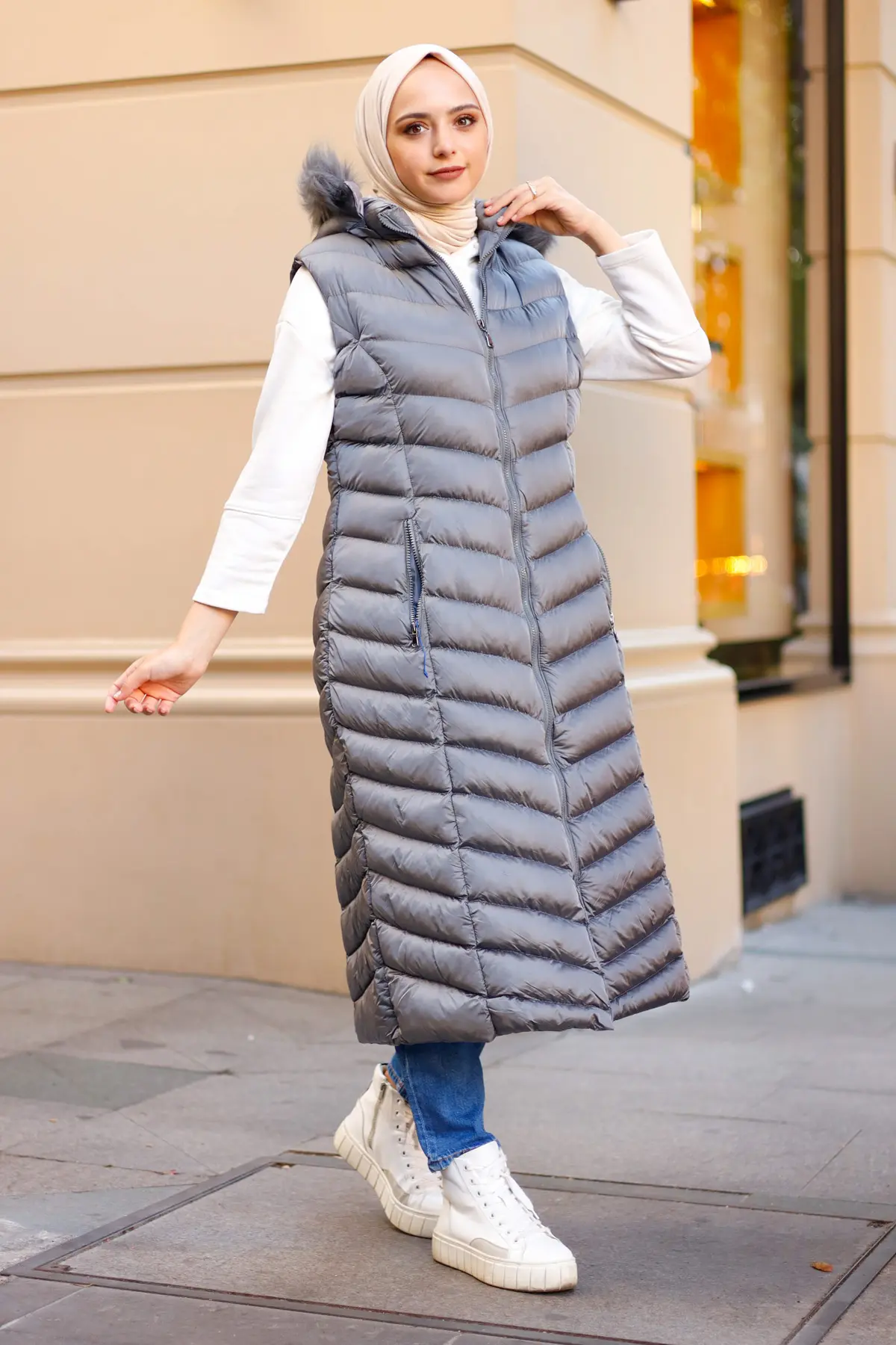 1701 Uzun Yakasi Kürklü Dolgu Yelek Gri-detail
