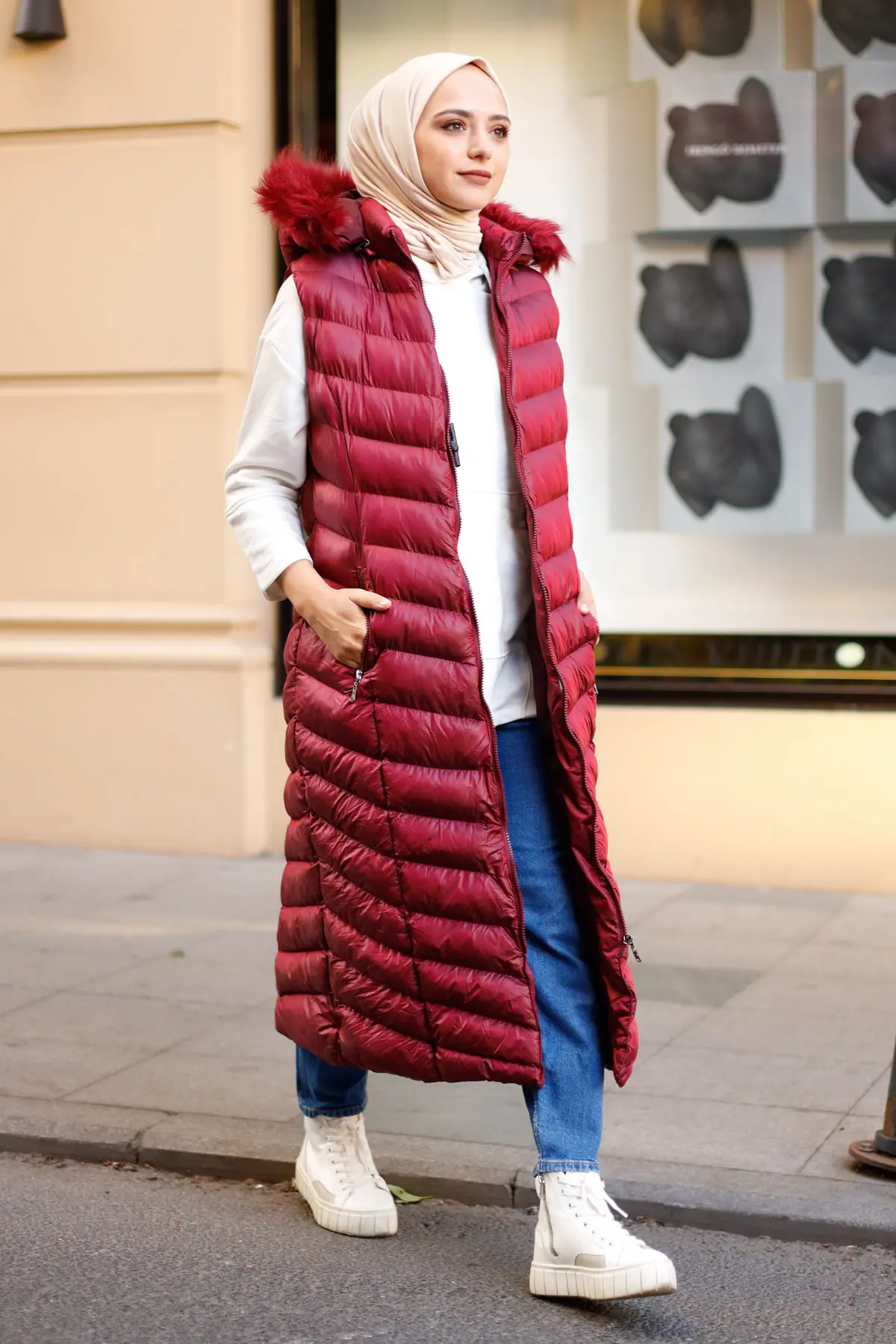 1701 Uzun Yakasi Kürklü Dolgu Yelek Vişne-detail