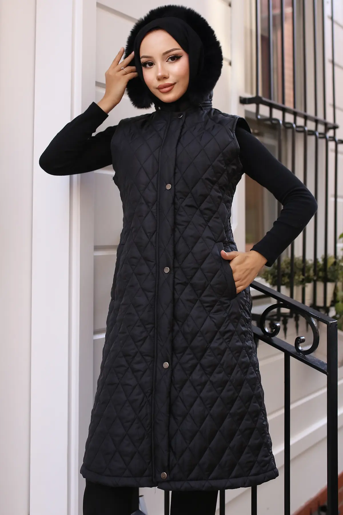 1901 Baklava Desenli Şişme Yelek Siyah-detail