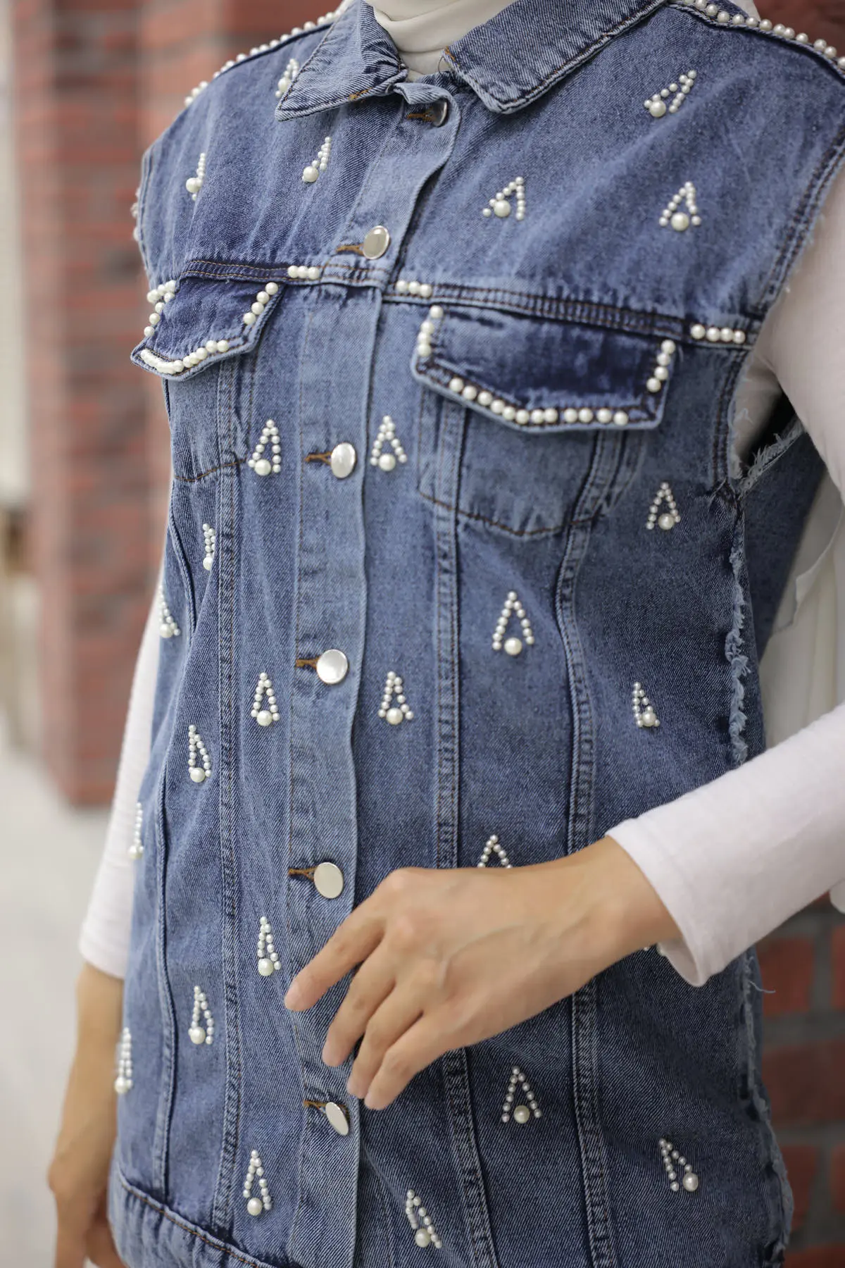 2003 İnci Detaylı Kot Yelek Lacivert-detail